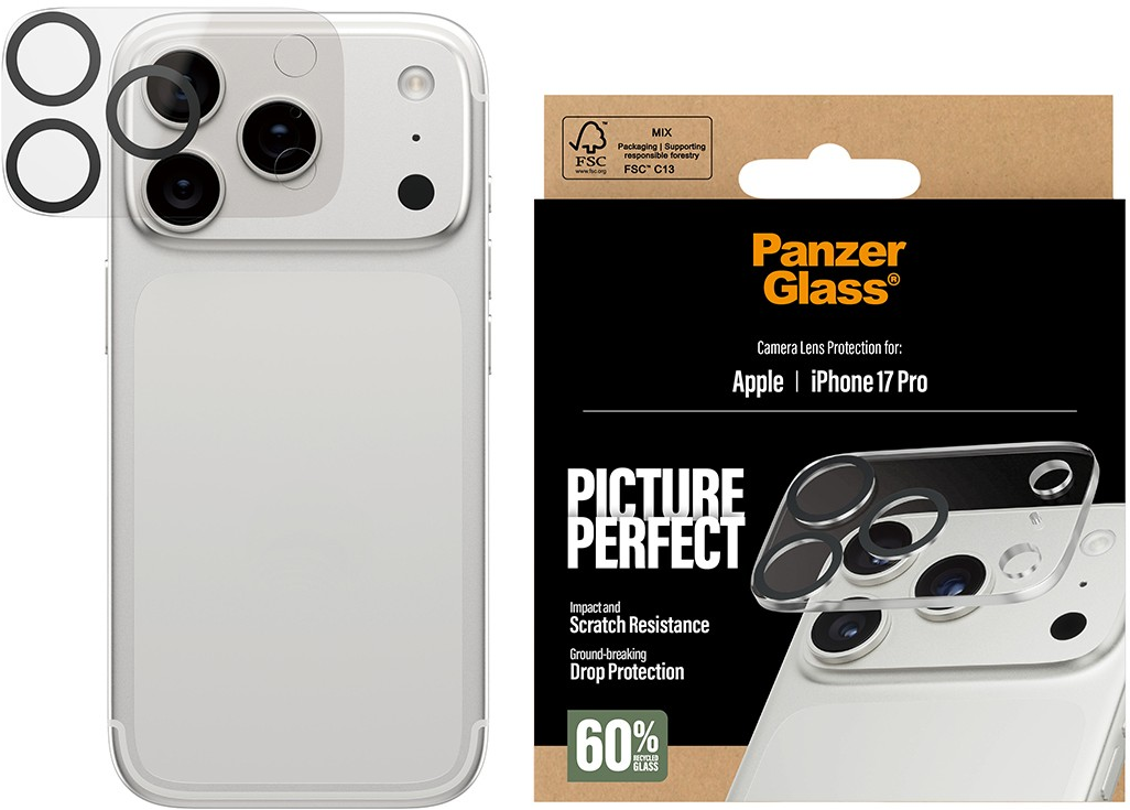 iPhone 17 Pro mit Kameralinsenschutz. Verpackung enthält Panzer Glass, Texte wie 'Picture Perfect' und FSC-Etiketten.