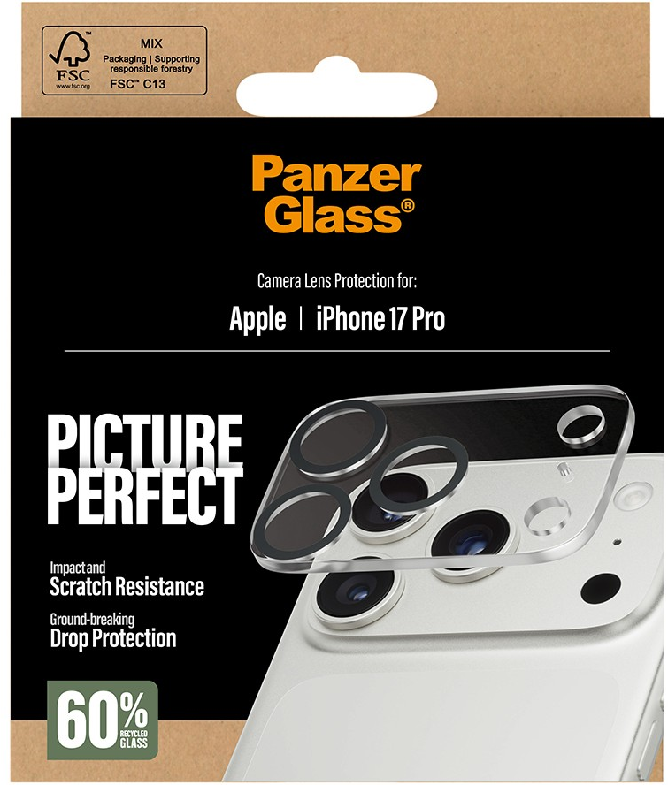 Verpackung der Panzer Glass Kamera-Linsenschutzfolie für iPhone 17 Pro, zeigt Produkt und Eigenschaften wie Stoß- und Kratzfestigkeit.
