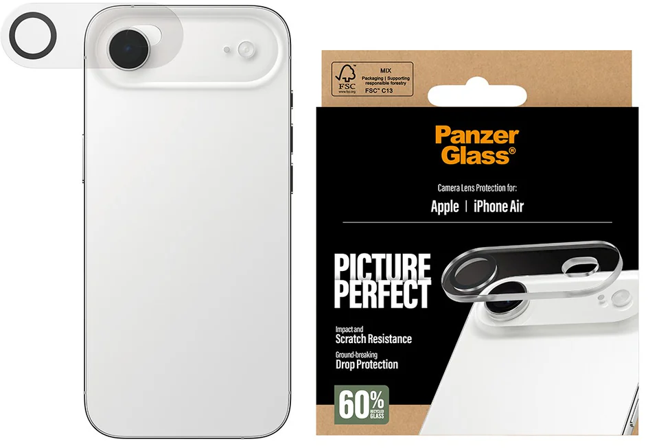 Das Bild zeigt ein iPhone mit einem Kameralinsenschutz und Verpackung. Der Schutz ist transparent. Auf der Verpackung steht 'Panzer Glass'.