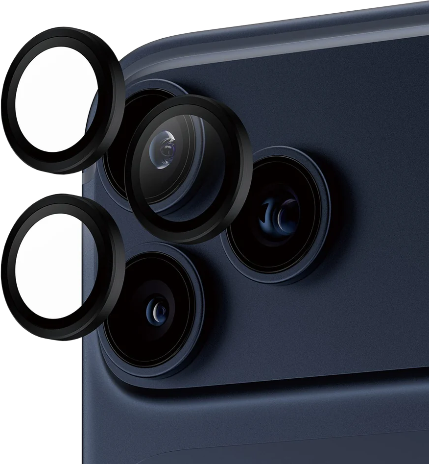 Ein Smartphone mit drei Kameralinsen. Schwarze Linsenschützer werden über einige Linsen gelegt. Das Telefon ist marineblau.