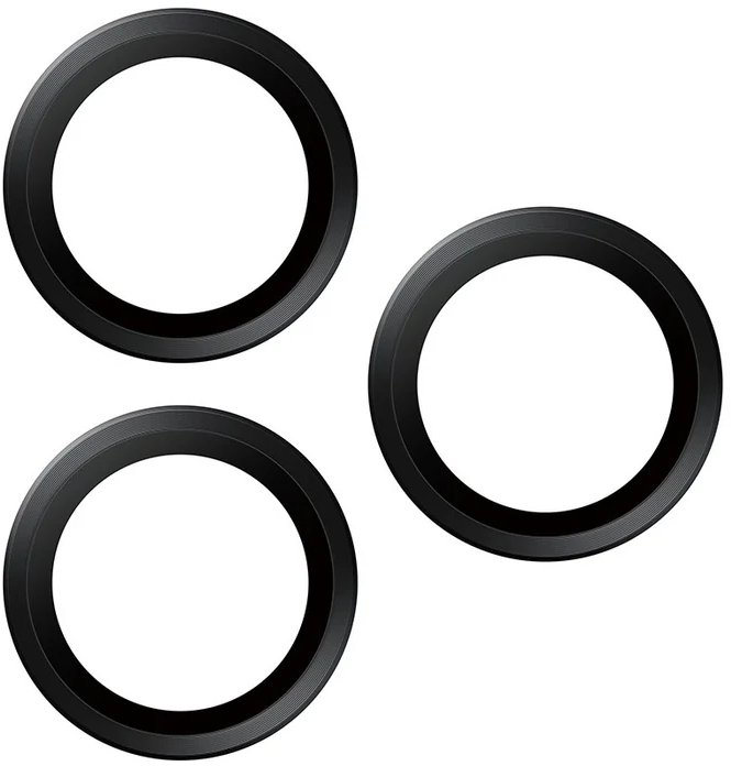 Drei schwarze kreisförmige Ringe auf weißem Hintergrund. Jeder Ring hat einen strukturierten Außenrand und eine hohle Mitte.