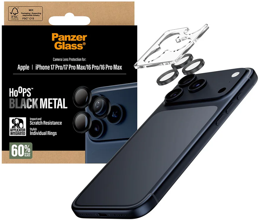 Ein Telefon mit Linsenschutz und Verpackung. Das Telefon ist schwarz, mit angebrachten Linsenringen. Die Verpackung enthält Produktdetails und Logos.