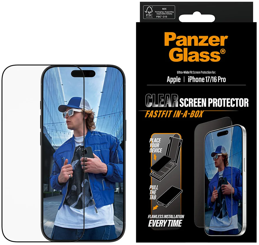 Panzer Glass Displayschutzbox mit Handybild. Ein Mann in blauer Jacke, weißer Sonnenbrille und Hut ist auf dem Handy-Bildschirm.