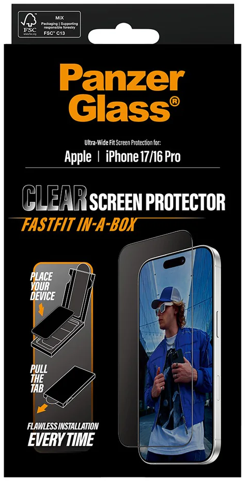 Eine PanzerGlass iPhone 17/16 Pro Displayschutzfolienbox. Sie zeigt ein Telefonbild und Installationsschritte.