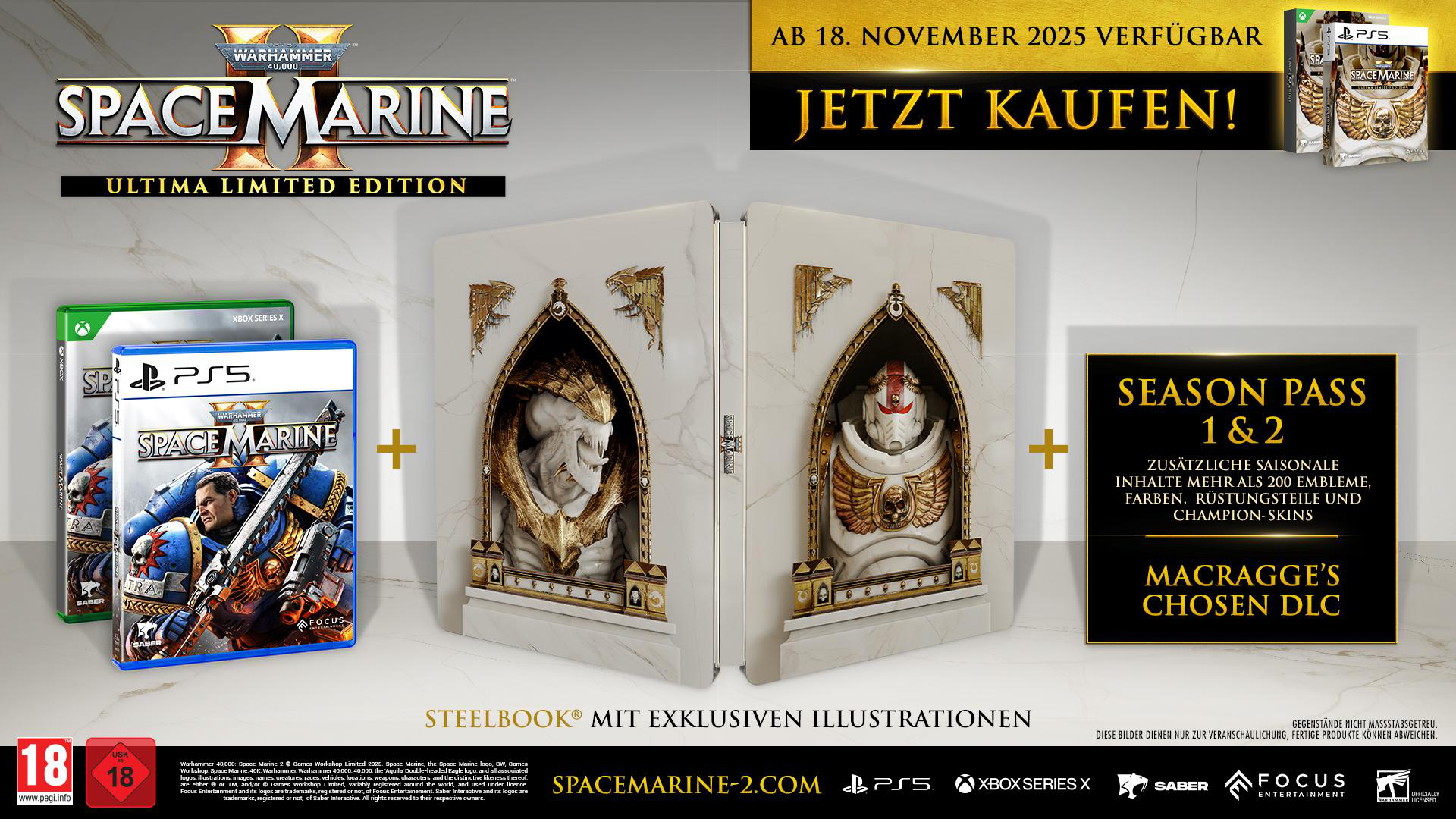 Spielbox, Steelbook und Season Pass für Space Marine II. Enthält Spielcover, Charakterillustrationen und Veröffentlichungsdetails.
