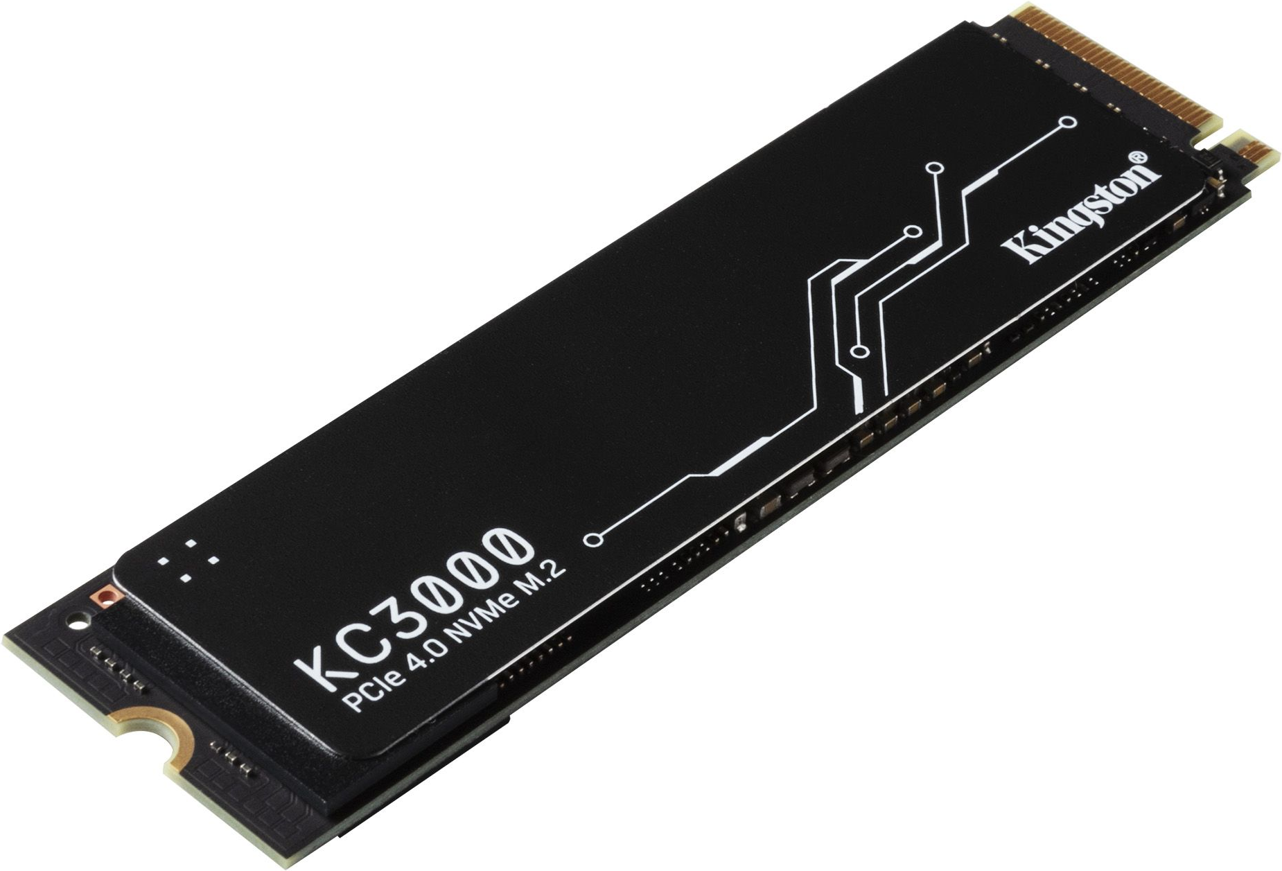 Schwarze Kingston KC3000 PCIe 4.0 NVMe M.2 SSD. Das Gerät hat ein Kingston-Logo und ein weißes Schaltungsdesign auf der Oberfläche.