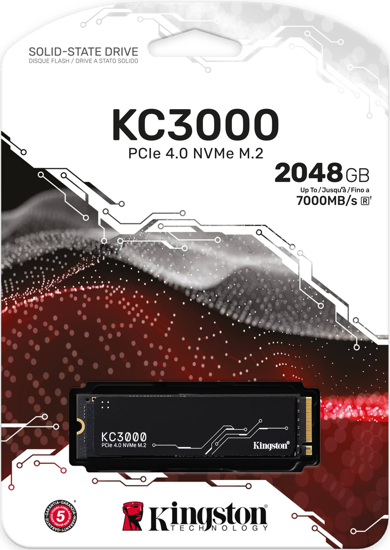 Verpackung für eine Kingston KC3000 NVMe SSD. Zeigt das Laufwerk, den Markennamen, die Kapazität und die Geschwindigkeit.