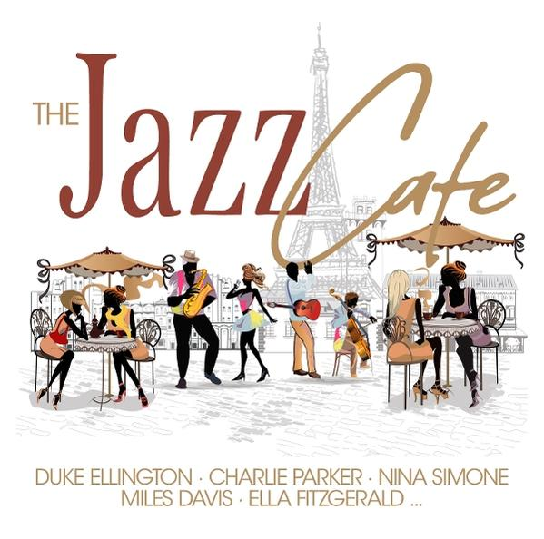 Illustration einer Jazzcafé-Szene. Menschen sitzen an Tischen unter Sonnenschirmen. Eiffelturm im Hintergrund. Musiker spielen Instrumente.