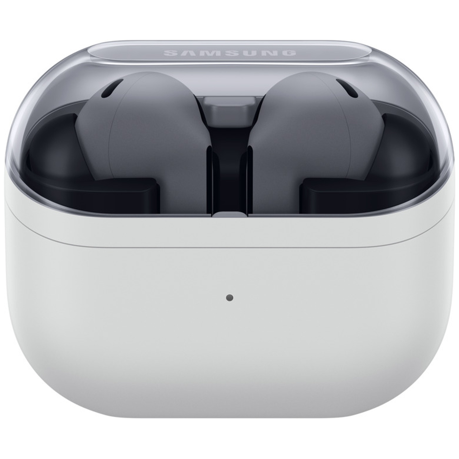 Witte Samsung oortjes case met transparante bovenkant. Binnenin zijn twee grijze oortjes zichtbaar. De case heeft een klein zwart puntje.