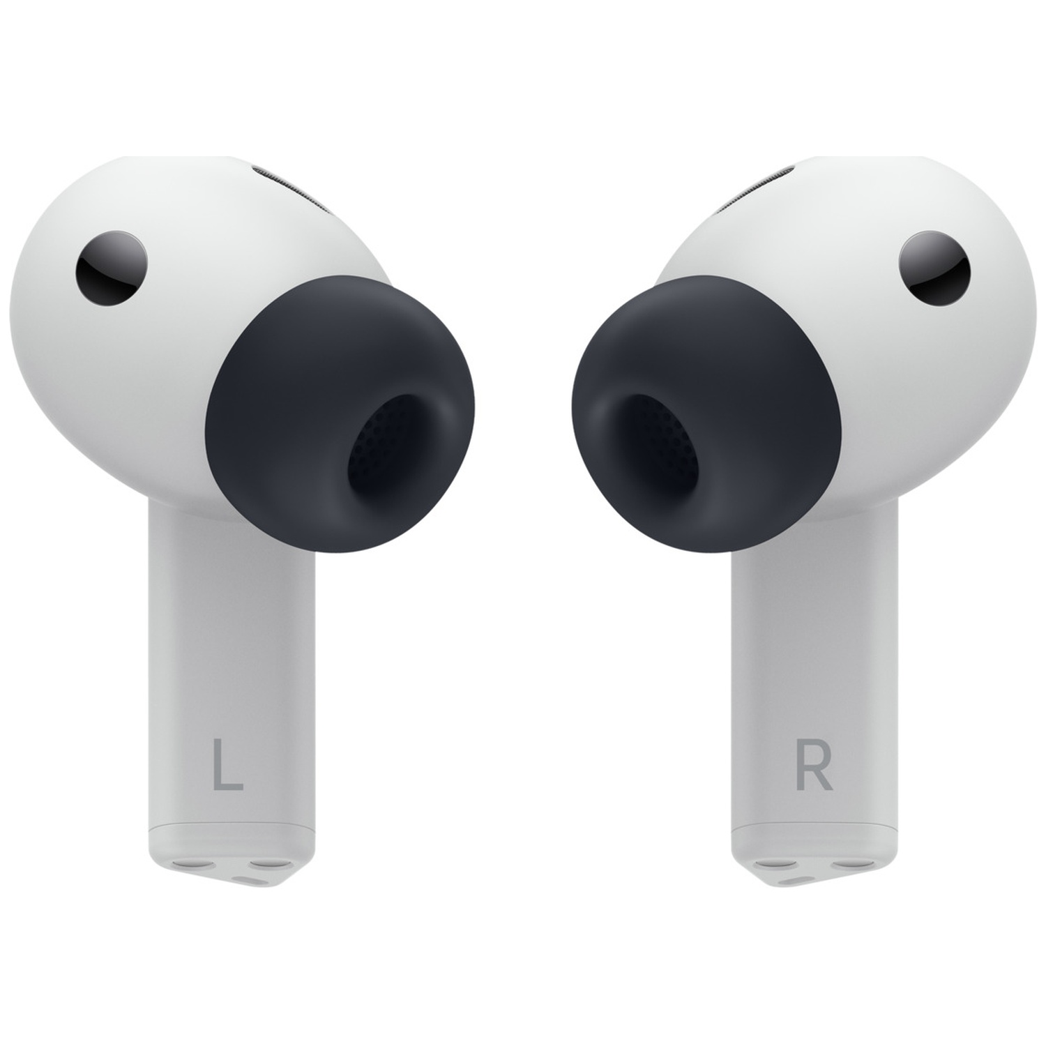 Twee witte oortelefoons met donkergrijze oortips. De linker oortelefoon heeft een 'L' en de rechter een 'R'.