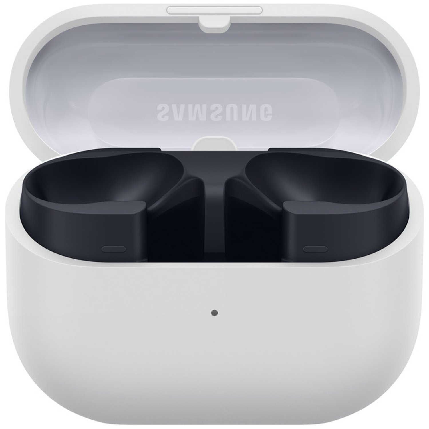 Witte open oortjescase met zwarte binnenkant. Samsung staat op het deksel. Er zit een klein zwart puntje op de voorkant.
