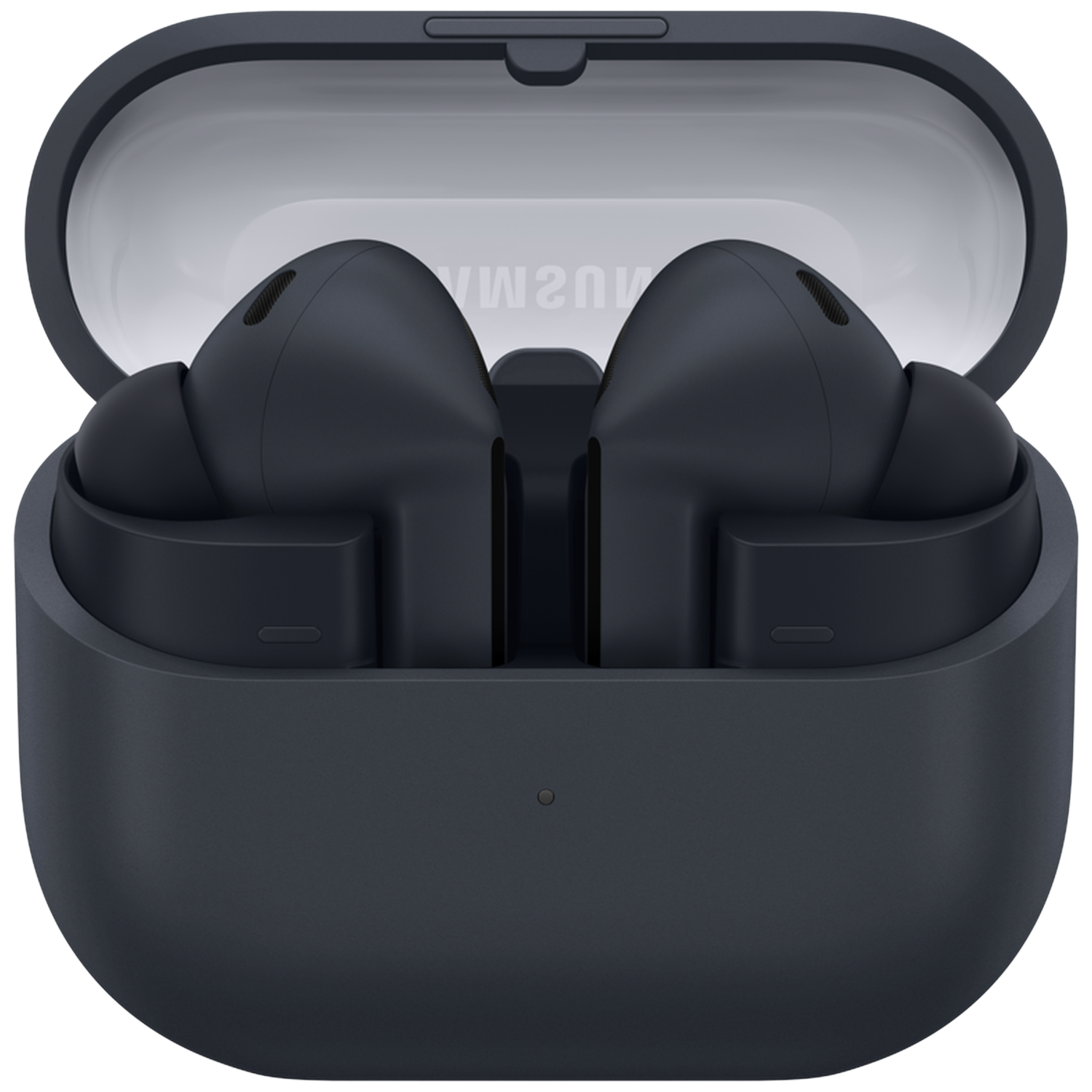 Donkergrijze oordopjes in een open oplaadcase. De case is open en toont de oordopjes en de witte binnenkant van het deksel.