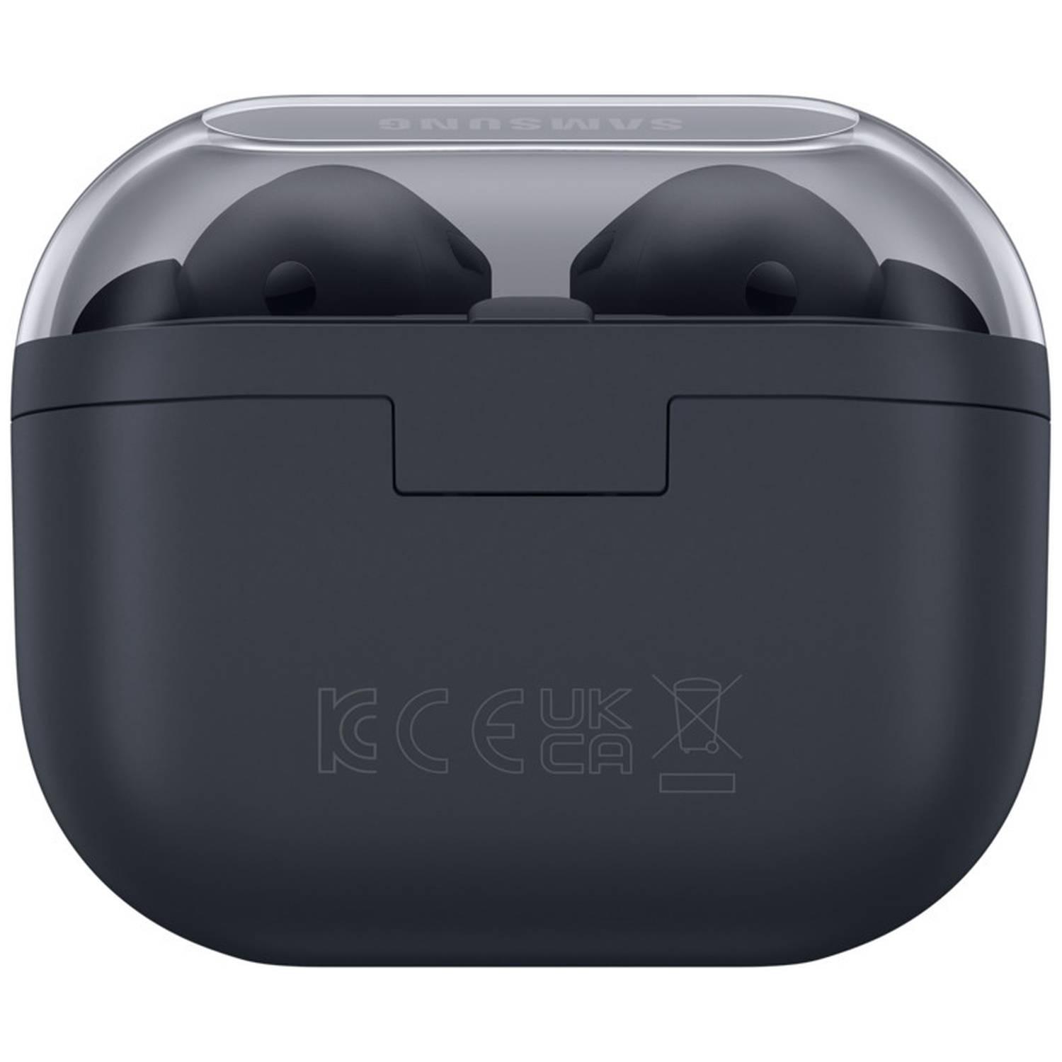 Black Samsung earbuds in a dark gray charging case with a transparent lid. Case has certifications printed at the bottom.