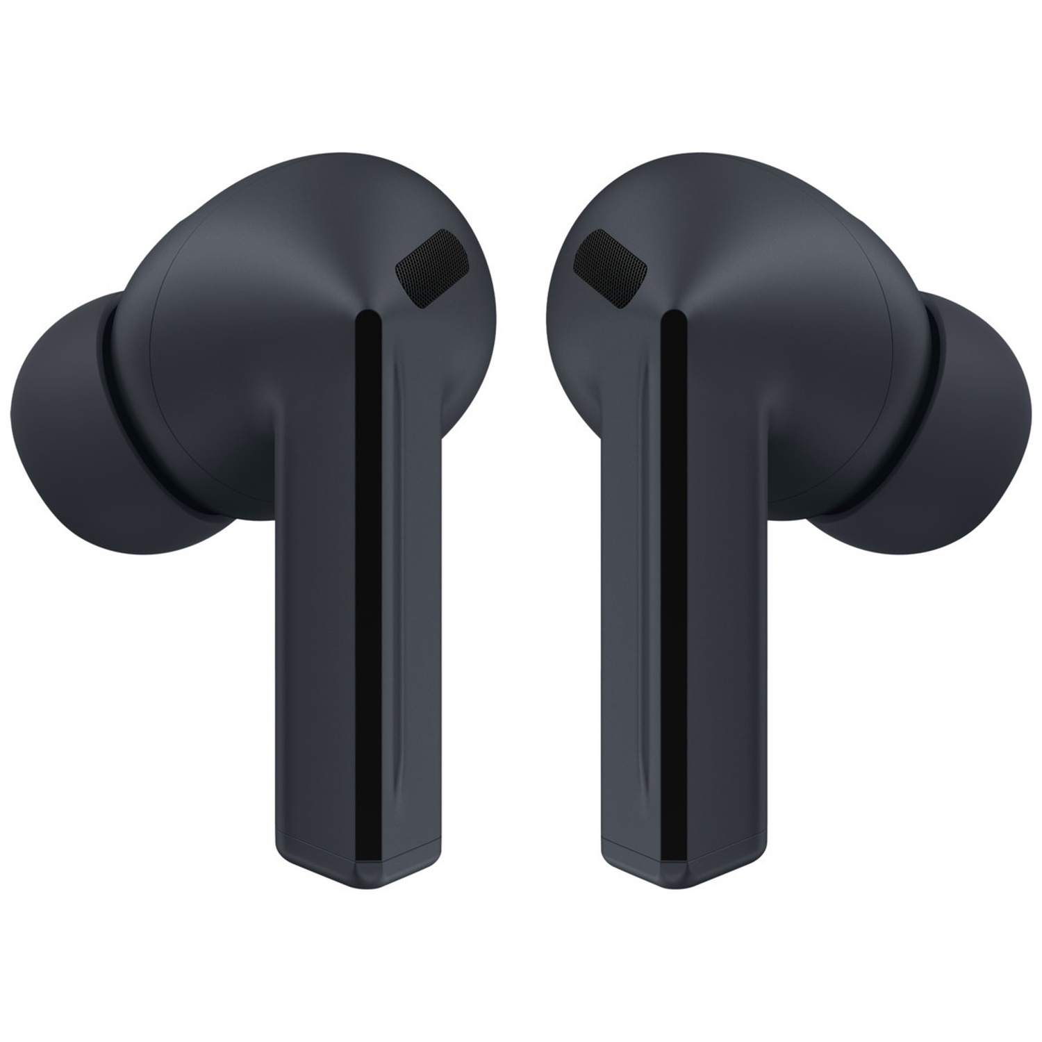 Two dark gray wireless earbuds. Each has a rounded earbud and a rectangular stem. White background.