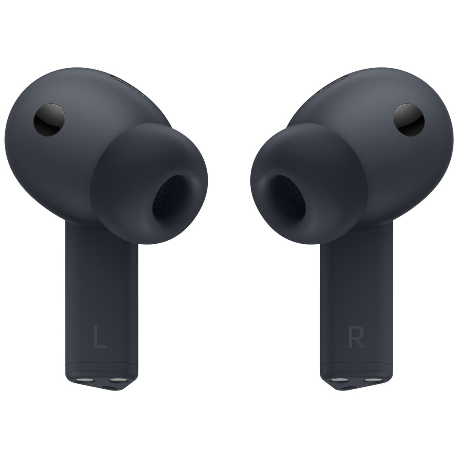 Two dark grey wireless earbuds, one marked 'L', the other 'R'. Each has a rounded shape with a black circular detail.