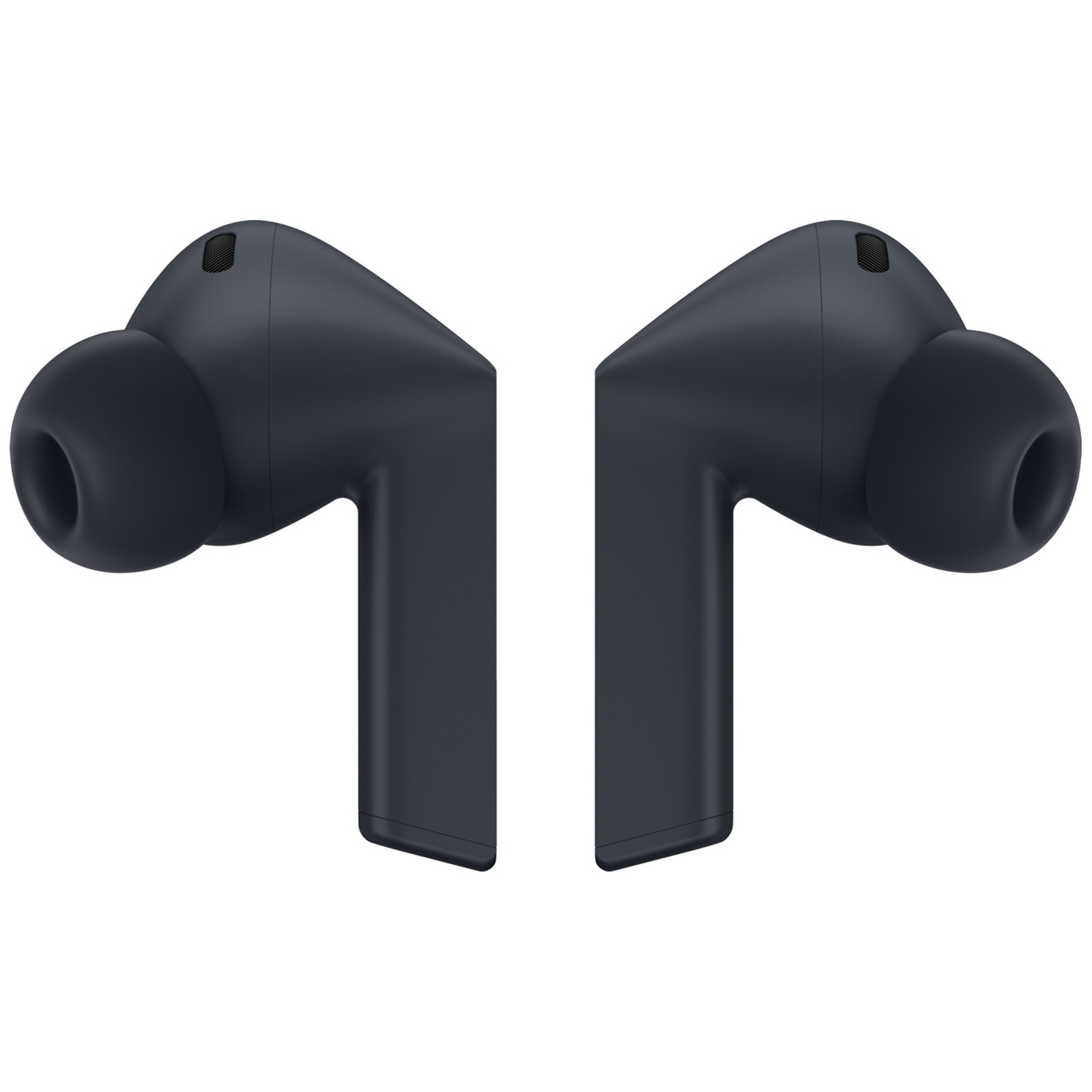 Two dark gray wireless earbuds. Each has a rounded ear tip and a rectangular stem. The background is white.