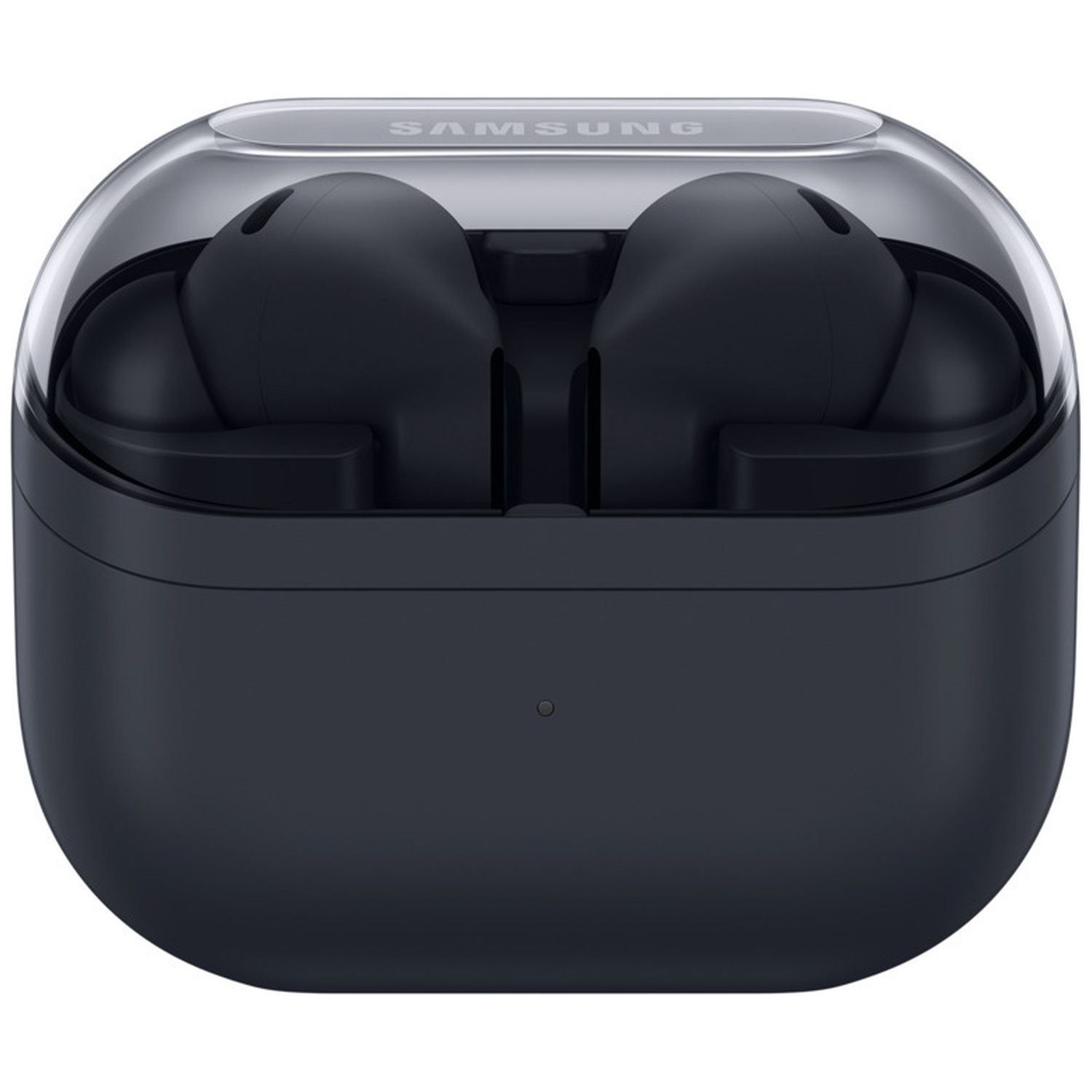 A dark blue Samsung earbuds case. Inside are two black earbuds. The case has a transparent lid. The Samsung logo is visible.