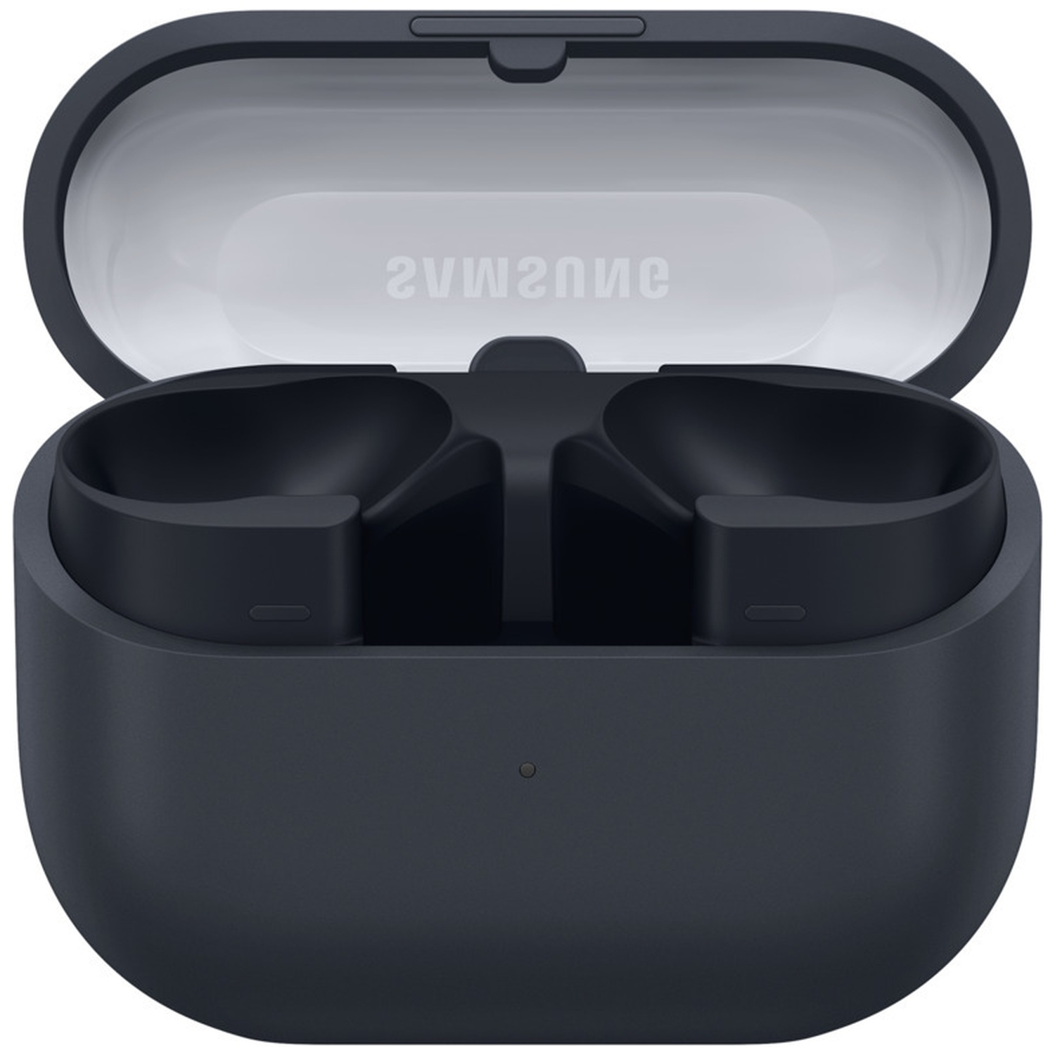 Open, dark blue earbud case. Inside, two compartments for earbuds and the Samsung logo is visible on the lid.