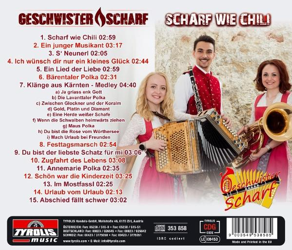 CD-Cover mit der Band Geschwister Scharf. Drei Personen posieren mit Instrumenten. Der Text enthält Songtitel und den Bandnamen.