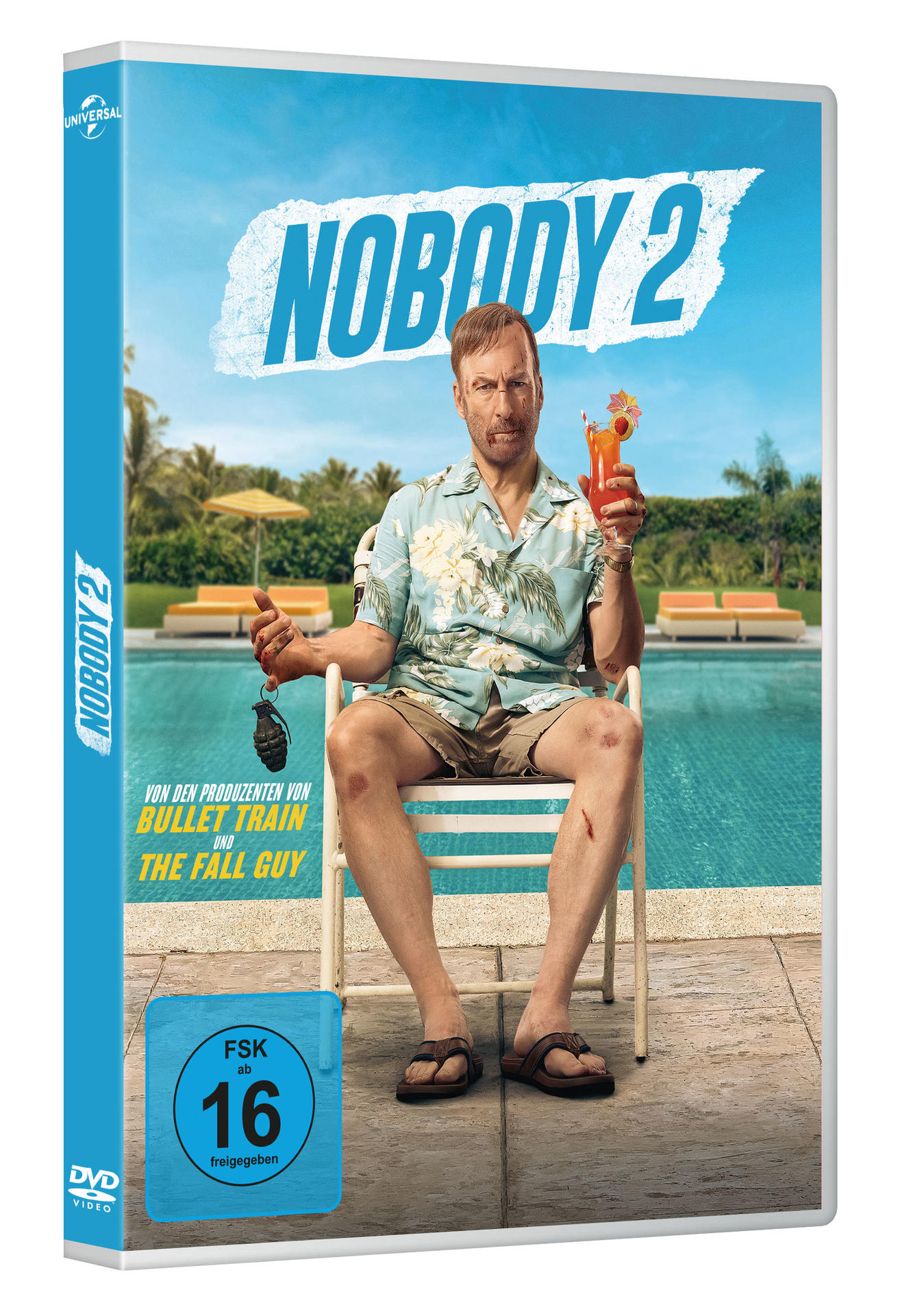 DVD-Cover: Mann hält Granate und Getränk, Pool im Hintergrund. Titel: Nobody 2. Der Hintergrund umfasst einen Pool und Liegestühle.