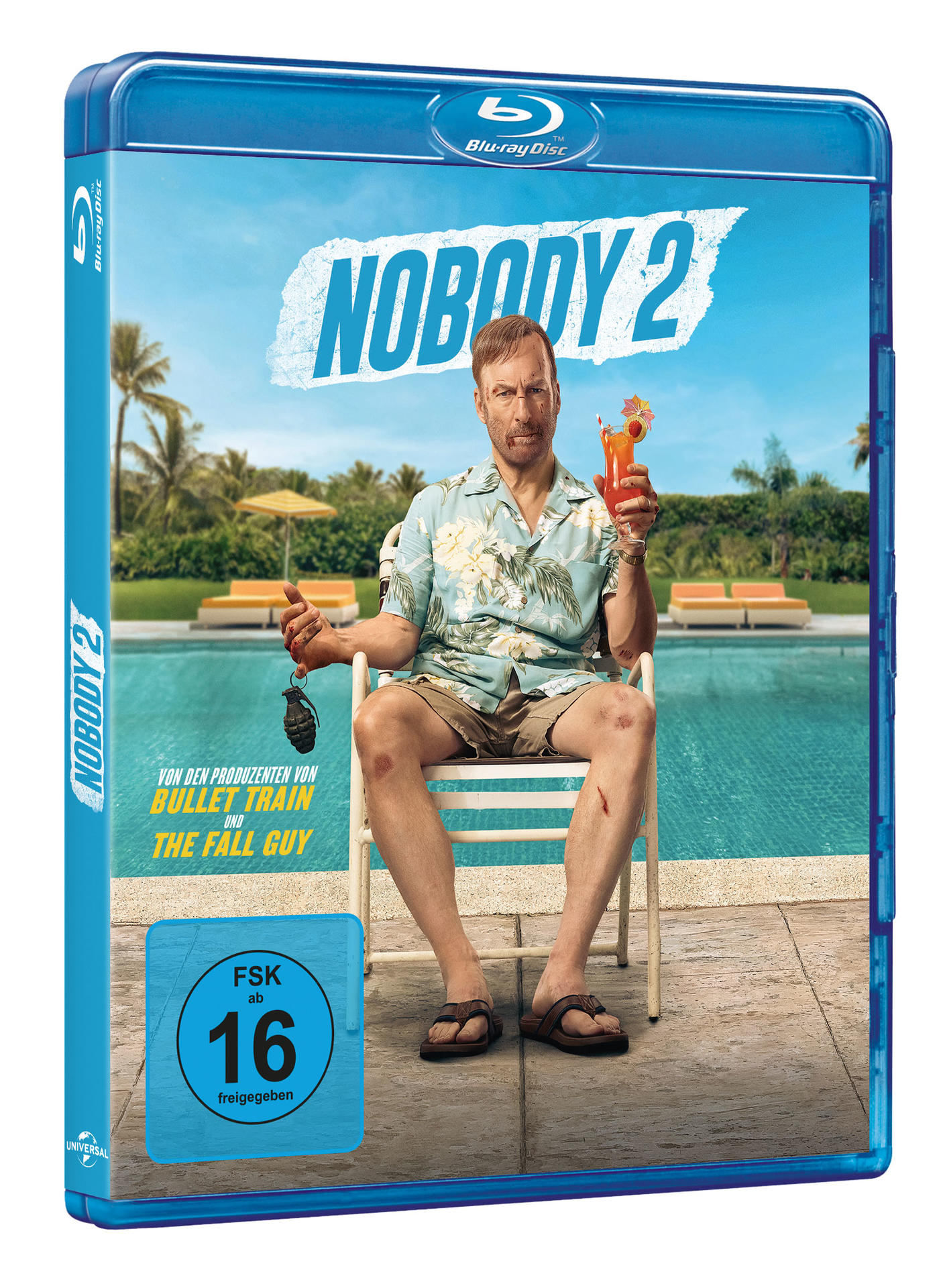 Blu-ray-Cover. Ein verletzter Mann hält einen Cocktail und eine Granate. Der Titel 'Nobody 2' ist sichtbar.