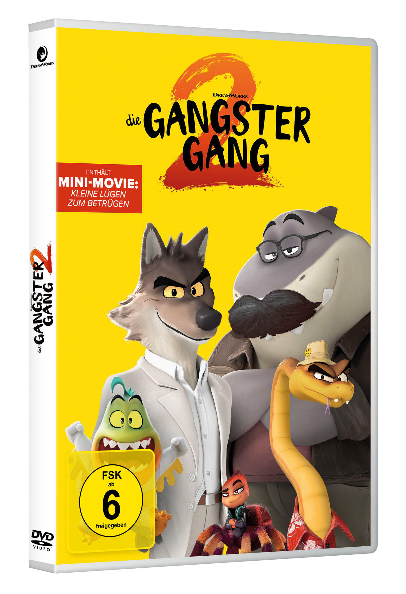 DVD-Cover für 'The Bad Guys 2'. Zeigt Zeichentrickfiguren: Wolf, Hai, Schlange, Spinne und Piranha. Gelber Hintergrund mit deutschem Text.