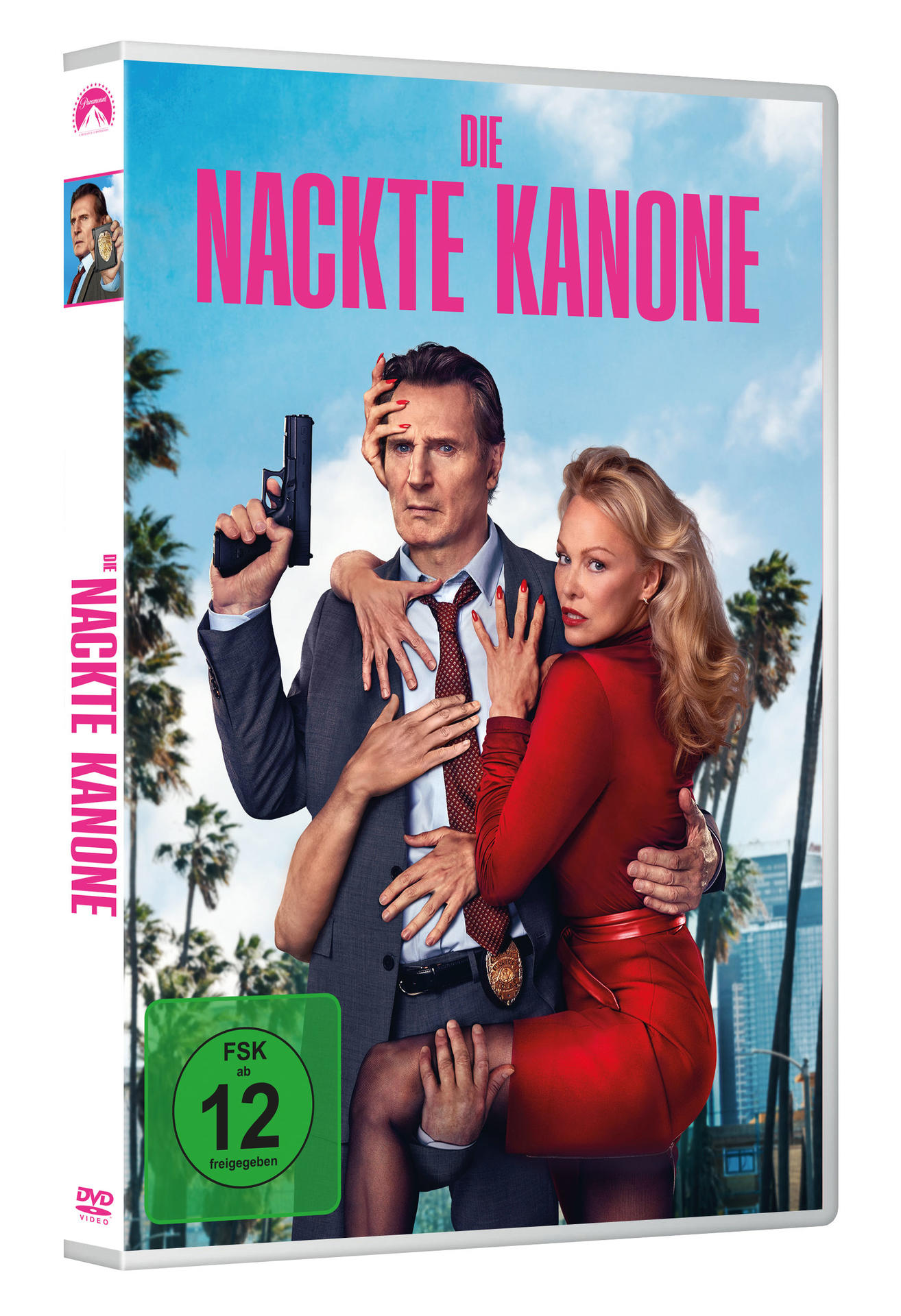 DVD-Cover für "Die Nackte Kanone". Liam Neeson hält eine Pistole. Eine Frau in Rot und andere Hände sind auf ihm. Palmen und Himmel im Hintergrund.