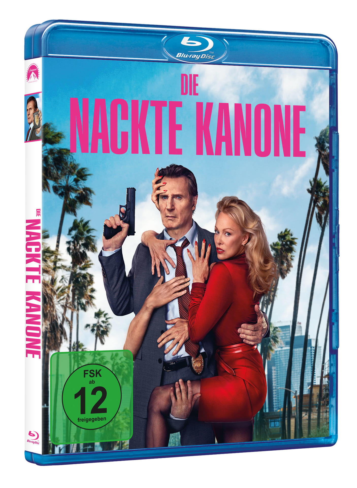 Filmcover: 'Die Nackte Kanone'. Liam Neeson hält eine Waffe. Eine Frau in rotem Kleid. Palmen im Hintergrund.