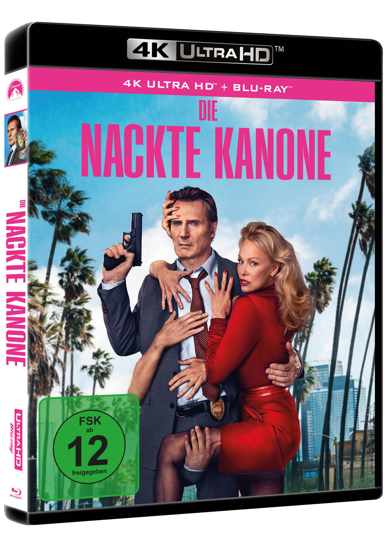 Filmcover: Liam Neeson mit einer Pistole, umgeben von Händen, Frau in rotem Kleid. Deutscher Titel. Palmen und ein Rating-Label.