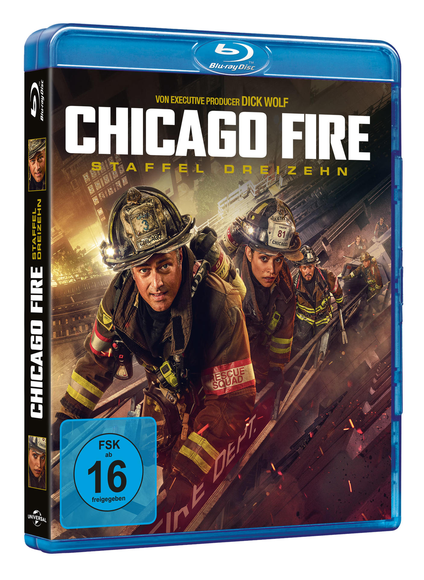 Blu-ray-Cover von Chicago Fire: Staffel Dreizehn. Feuerwehrleute in Ausrüstung klettern eine Leiter. Das Cover ist blau mit dem Disc-Logo.