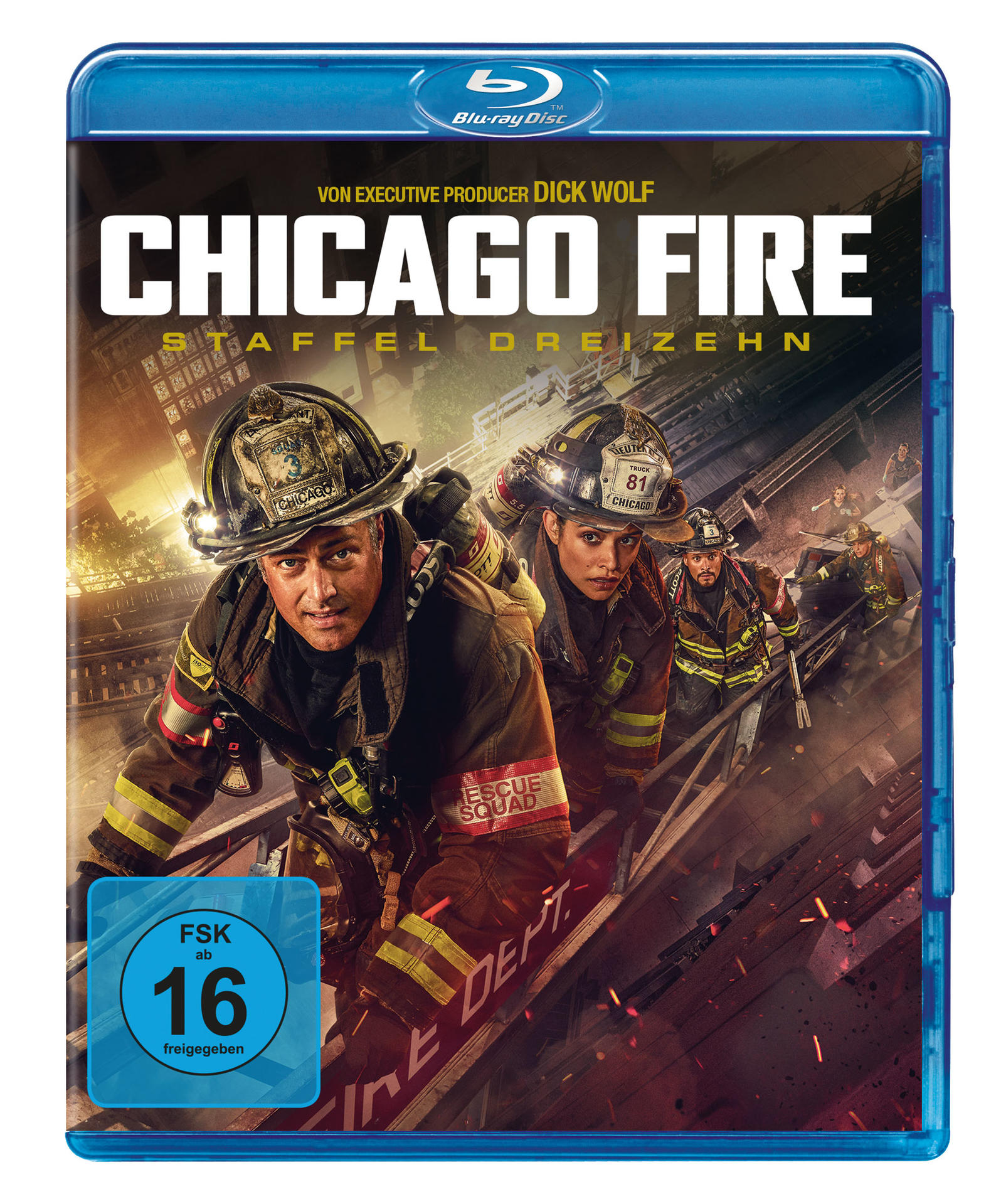 Chicago Fire Blu-ray-Cover. Feuerwehrleute mit Helmen klettern auf eine Struktur. Titel oben, Altersfreigabe unten links.