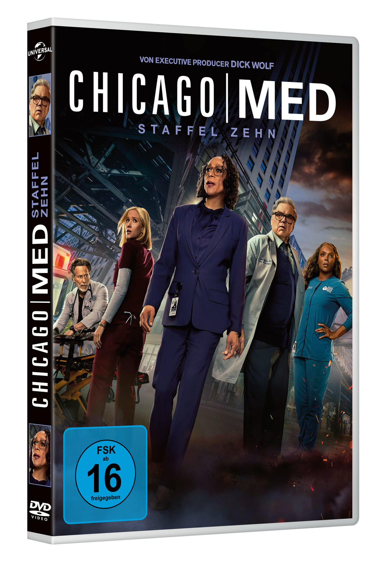 DVD-Cover von 'Chicago Med'. Mehrere Schauspieler in medizinischer Kleidung stehen vor einer Stadtkulisse. Titel und Staffelnr. sind angezeigt.