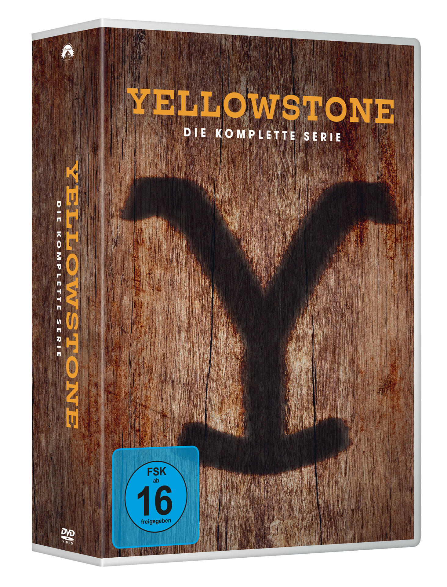 DVD-Box der Yellowstone-Serie. Auf der Vorderseite Titel und Logo der Show auf Holzmaserung mit Altersfreigabe-Aufkleber.