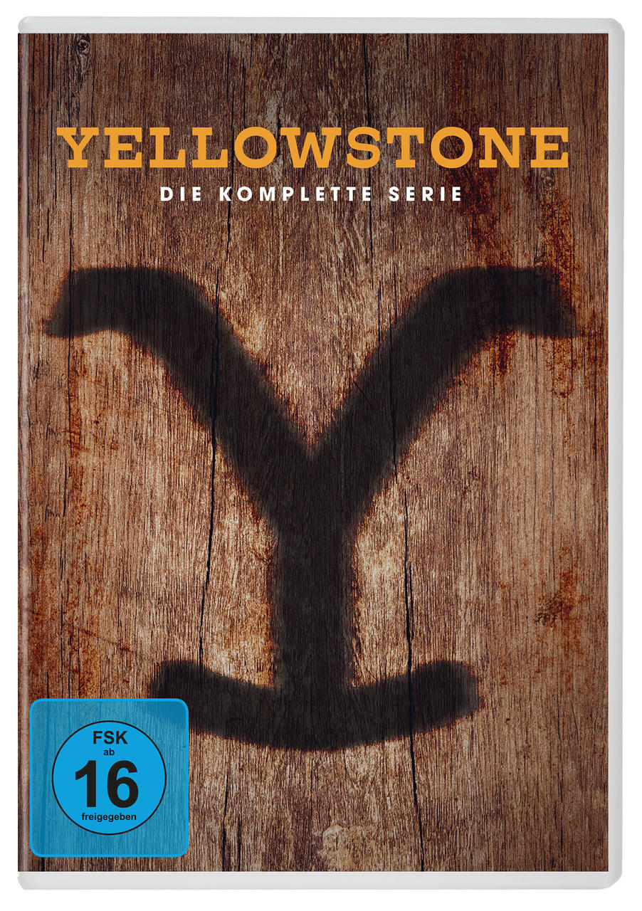 DVD-Cover. Brauner Holzgrund mit dunklem 'Y'-Schatten. 'YELLOWSTONE' und 'DIE KOMPLETTE SERIE' in Gelb. Blaues FSK 16-Zeichen.
