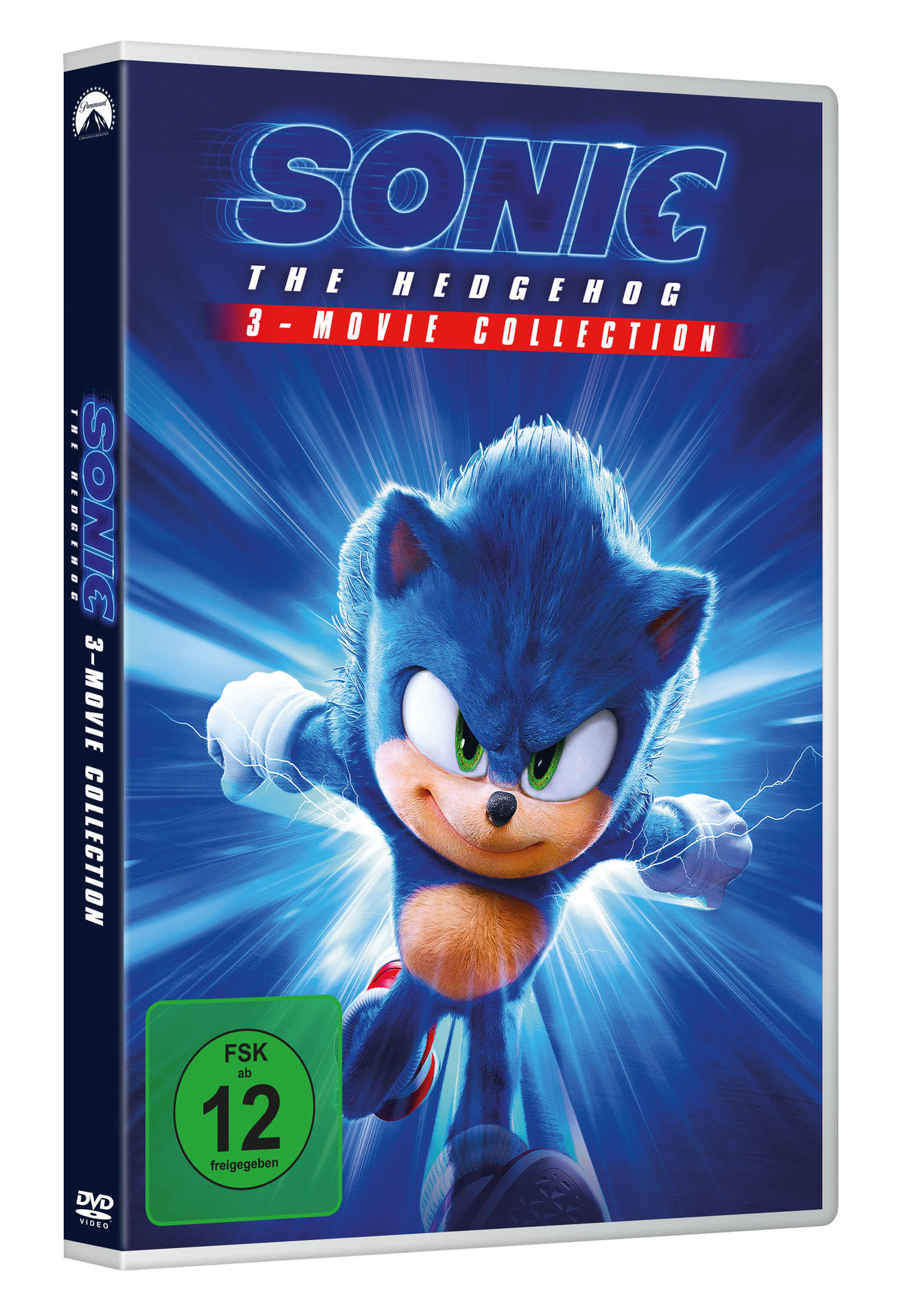 DVD-Cover von Sonic the Hedgehog. Sonic, ein blauer Igel, steht im Mittelpunkt. Titel und Filmdetails befinden sich oben.