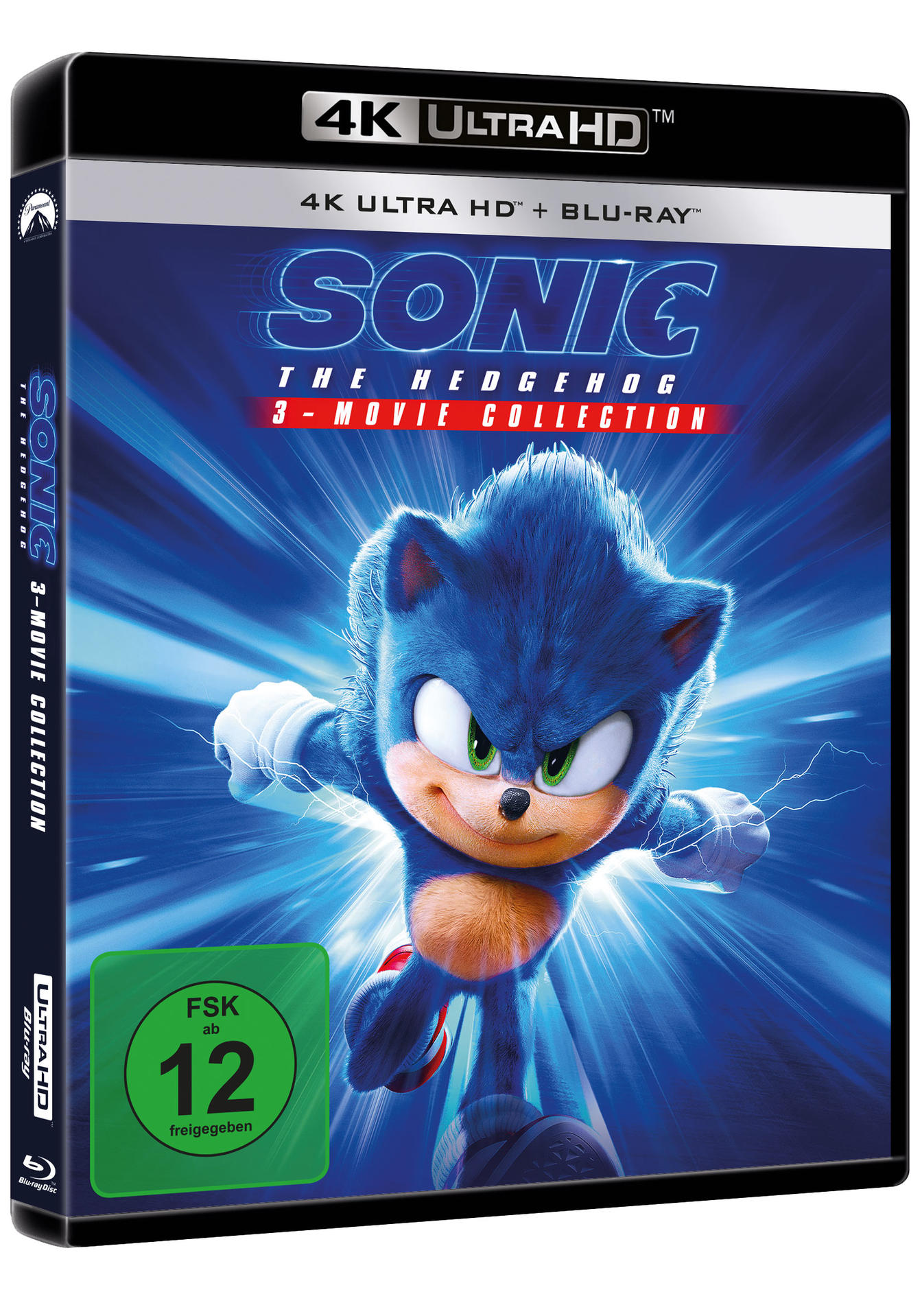 Sonic the Hedgehog 3-Movie Collection Blu-ray. Sonic, blau, mit tanfarbenem Bauch, vor blauem Hintergrund.