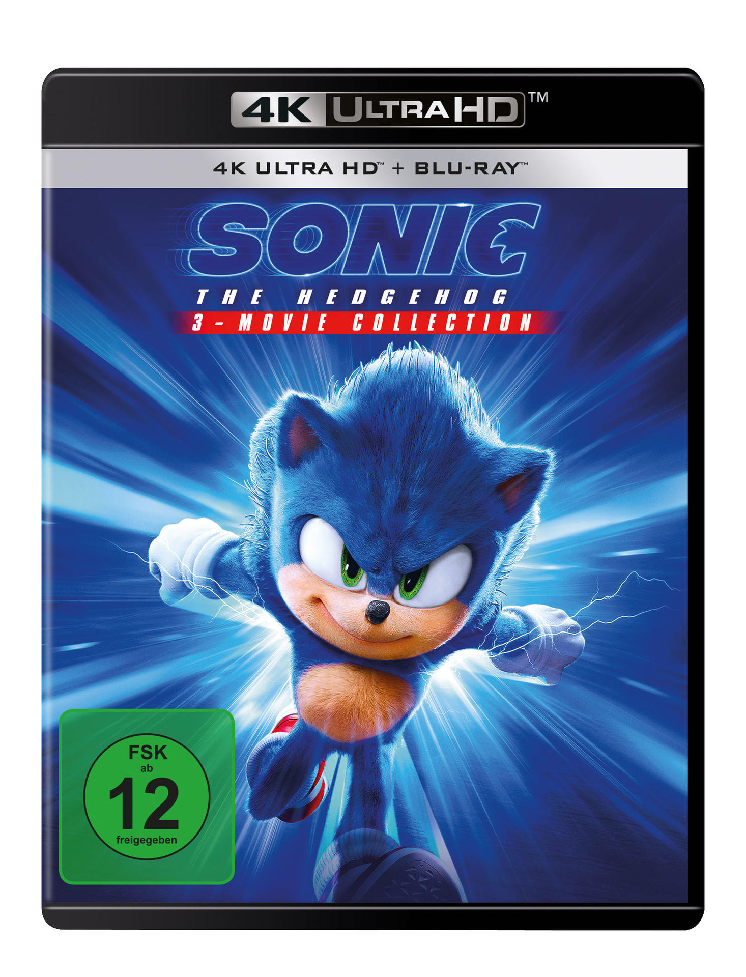 Filmcover von Sonic the Hedgehog. Sonic rennt, mit blauen Energiestrahlen. Auf dem Cover steht '4K Ultra HD' und '3-Movie Collection'.