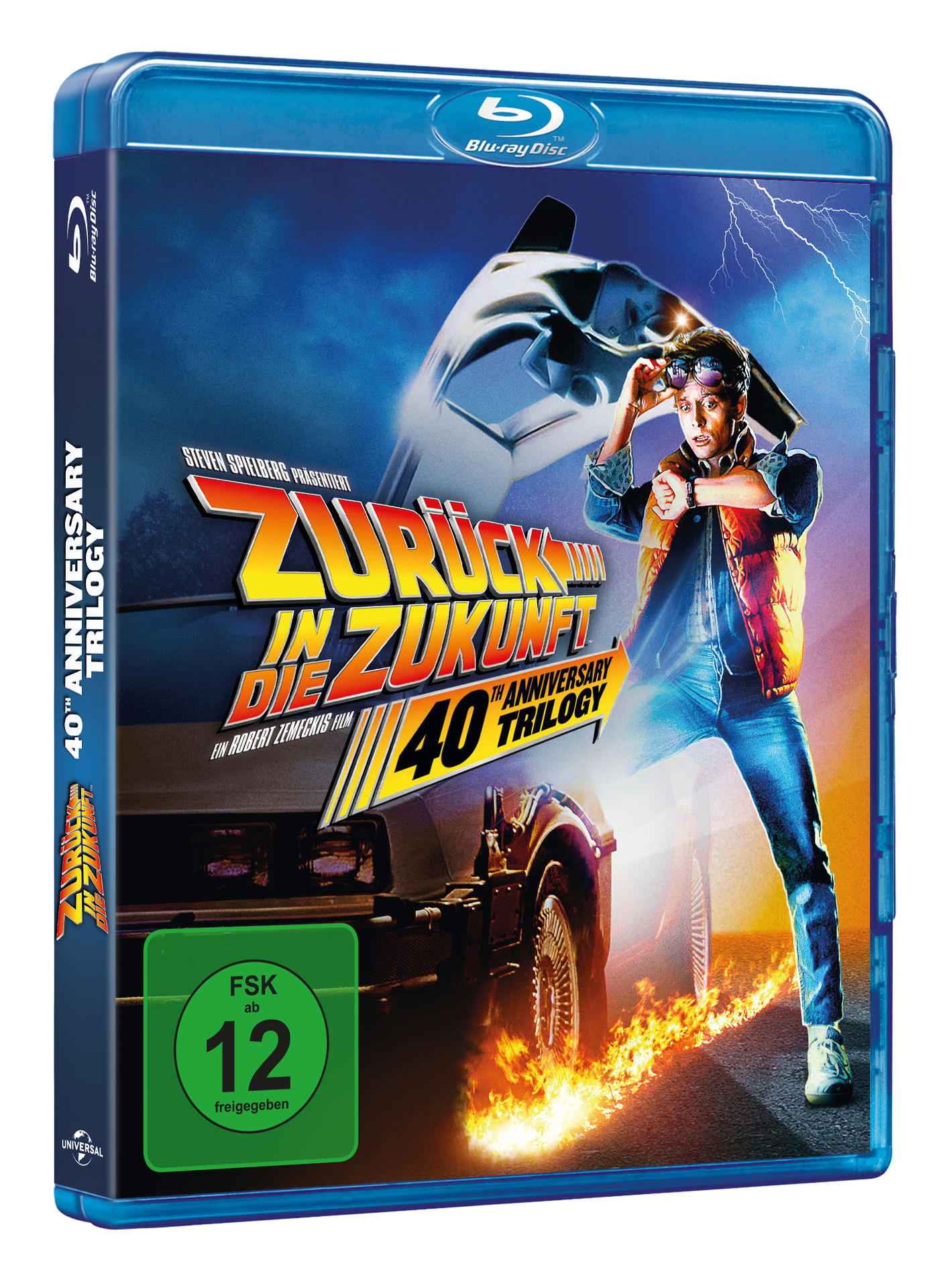 Blu-ray-Hülle für Zurück in die Zukunft. Zeigt einen Mann mit Brille, ein Auto, Feuer und den Filmtitel.