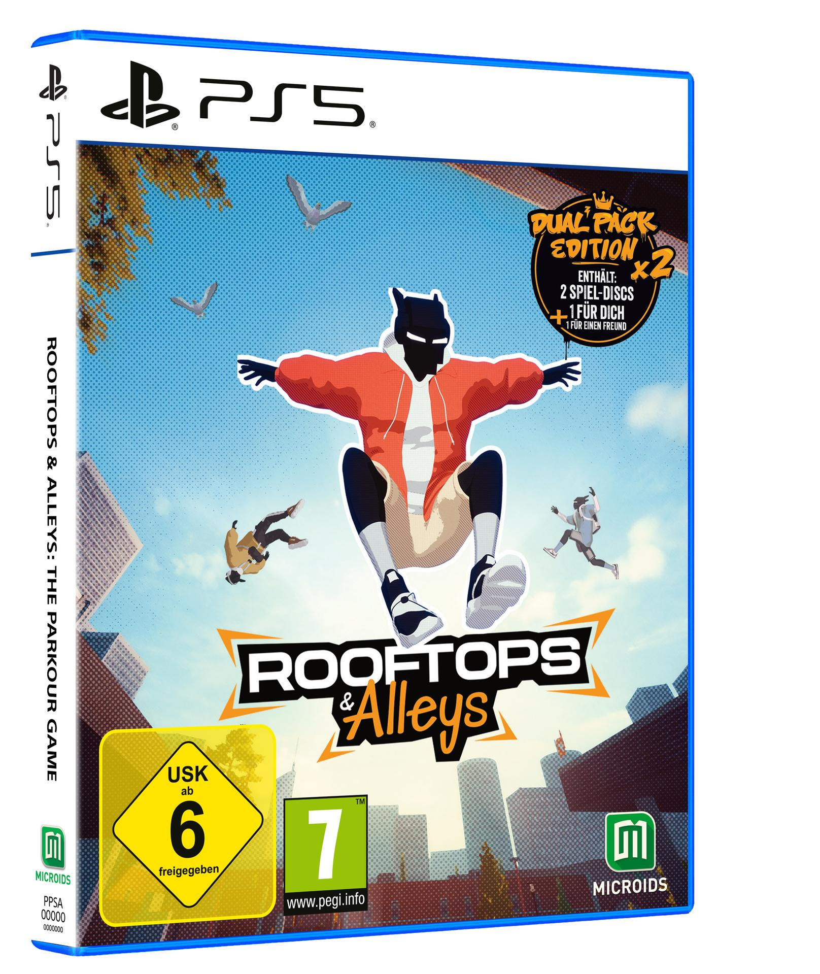 Spielbox-Art. Eine Figur in der Luft, Parkour. Titel des Spiels Rooftops & Alleys. PS5-Logo und Bewertungssymbole.