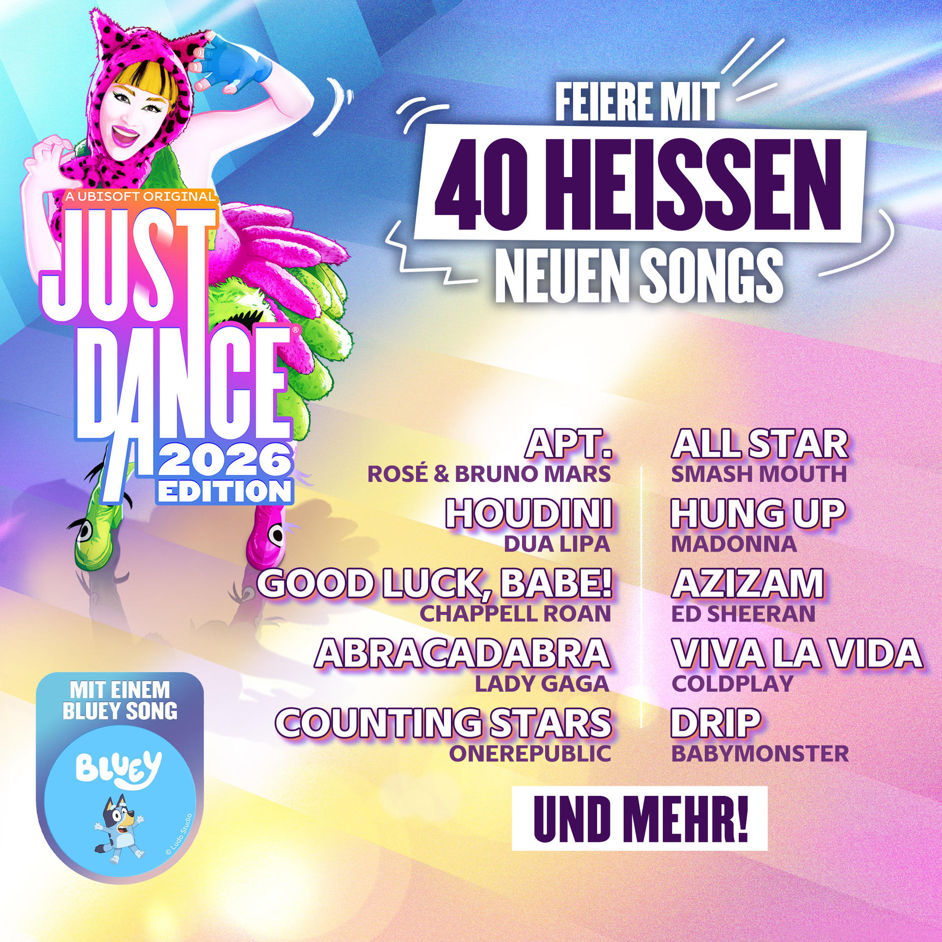 Just Dance 2026 Edition Werbung. Zeigt eine Frau im Katzenkostüm, das Bluey-Logo und eine Titelliste.