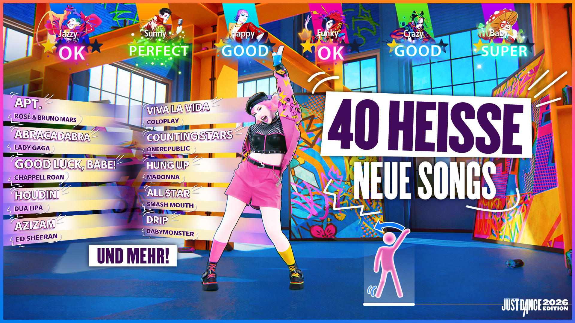 Eine lebendige Spielwerbung mit einer tanzenden Frau. Text enthält '40 HEISSE NEUE SONGS' und Songtitel. Bunter Hintergrund.