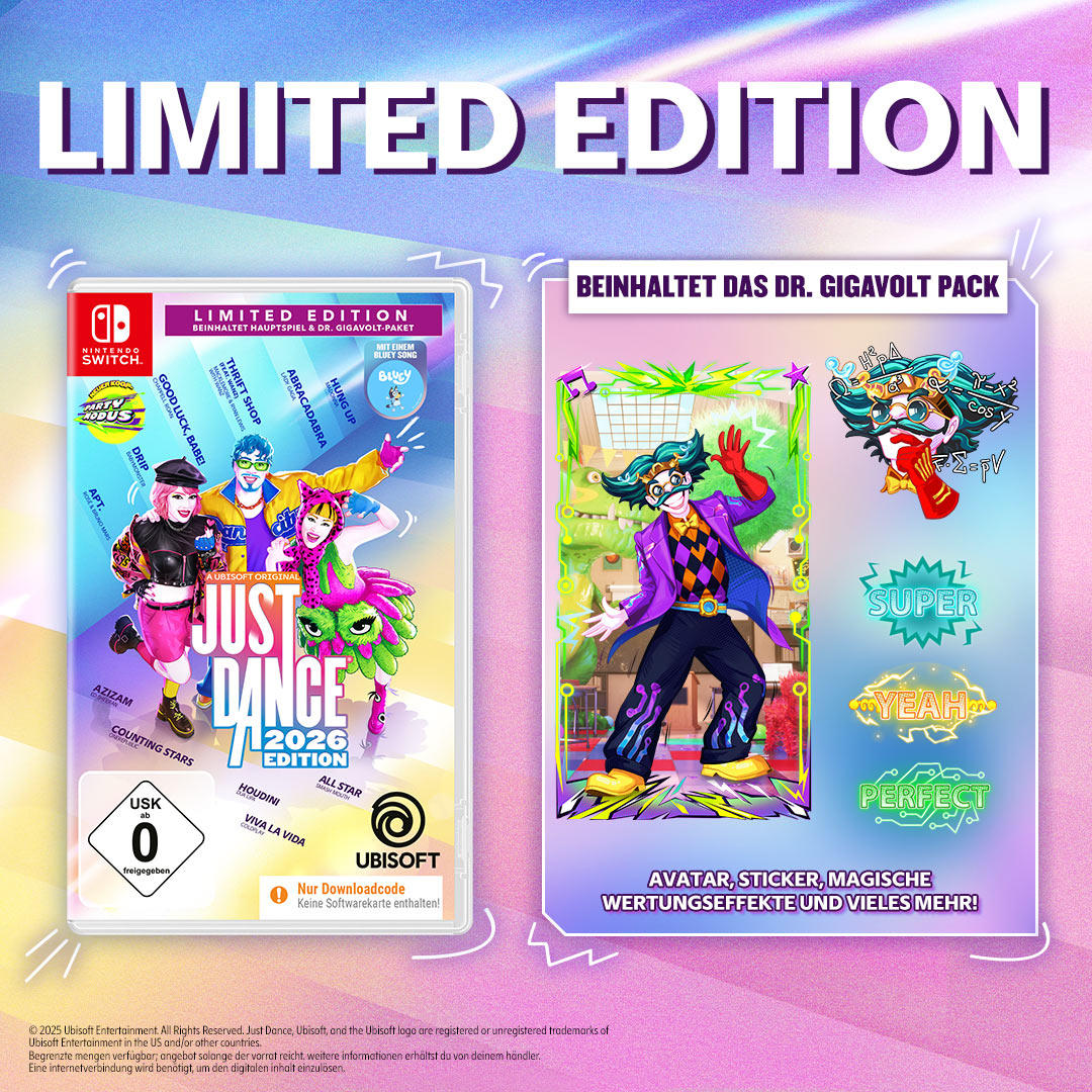 Eine Just Dance 2026 Limited Edition-Box. Sie zeigt Charaktere und Spieldetails mit Fokus auf Tanz und Musik.