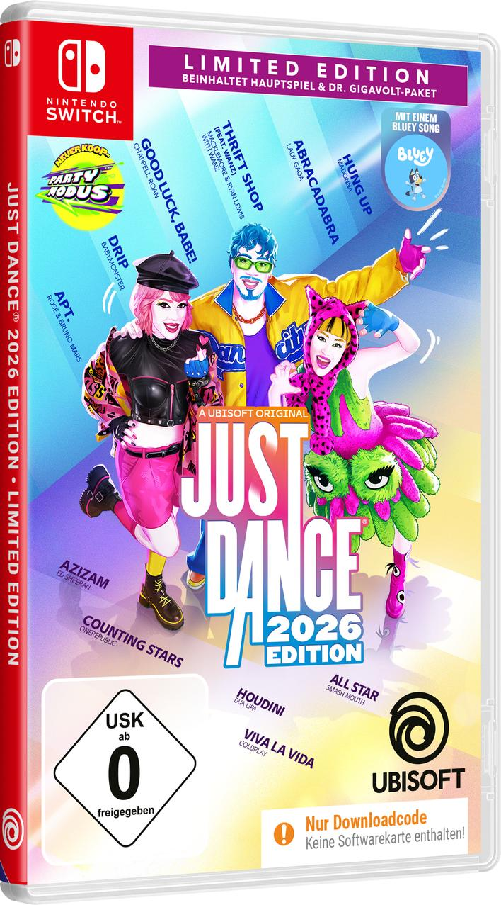 Spielcover mit drei tanzenden Figuren. Es zeigt 'Just Dance 2026 Edition' und das Nintendo Switch-Logo.