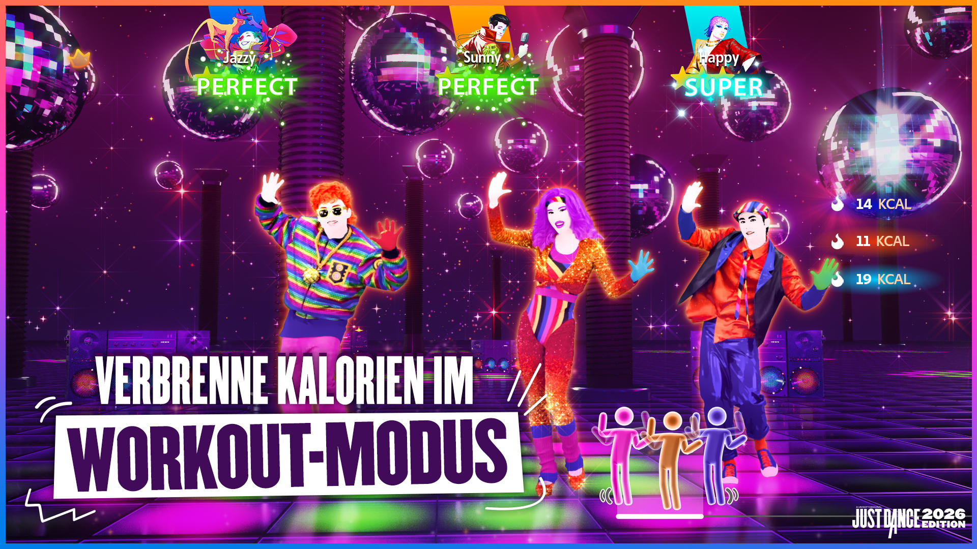 Drei Tänzer auf einer Bühne mit Discokugeln und Text. Der Workout-Modus wird beworben. Bunte Outfits und Grafiken werden verwendet.