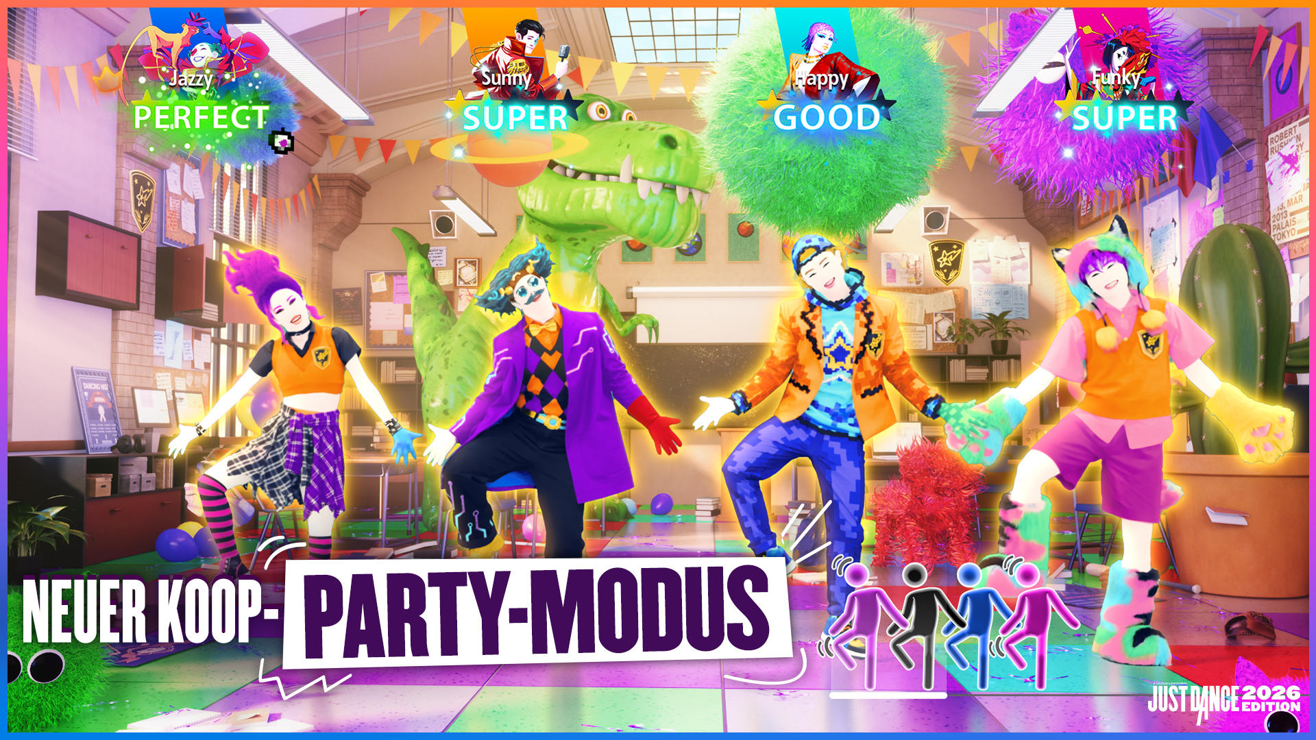 Buntes Spielszene mit tanzenden Figuren, Dinosaurier und Text. Charaktere in Kostümen mit Punktzahlen. Der Titel ist 'Party-Modus'.