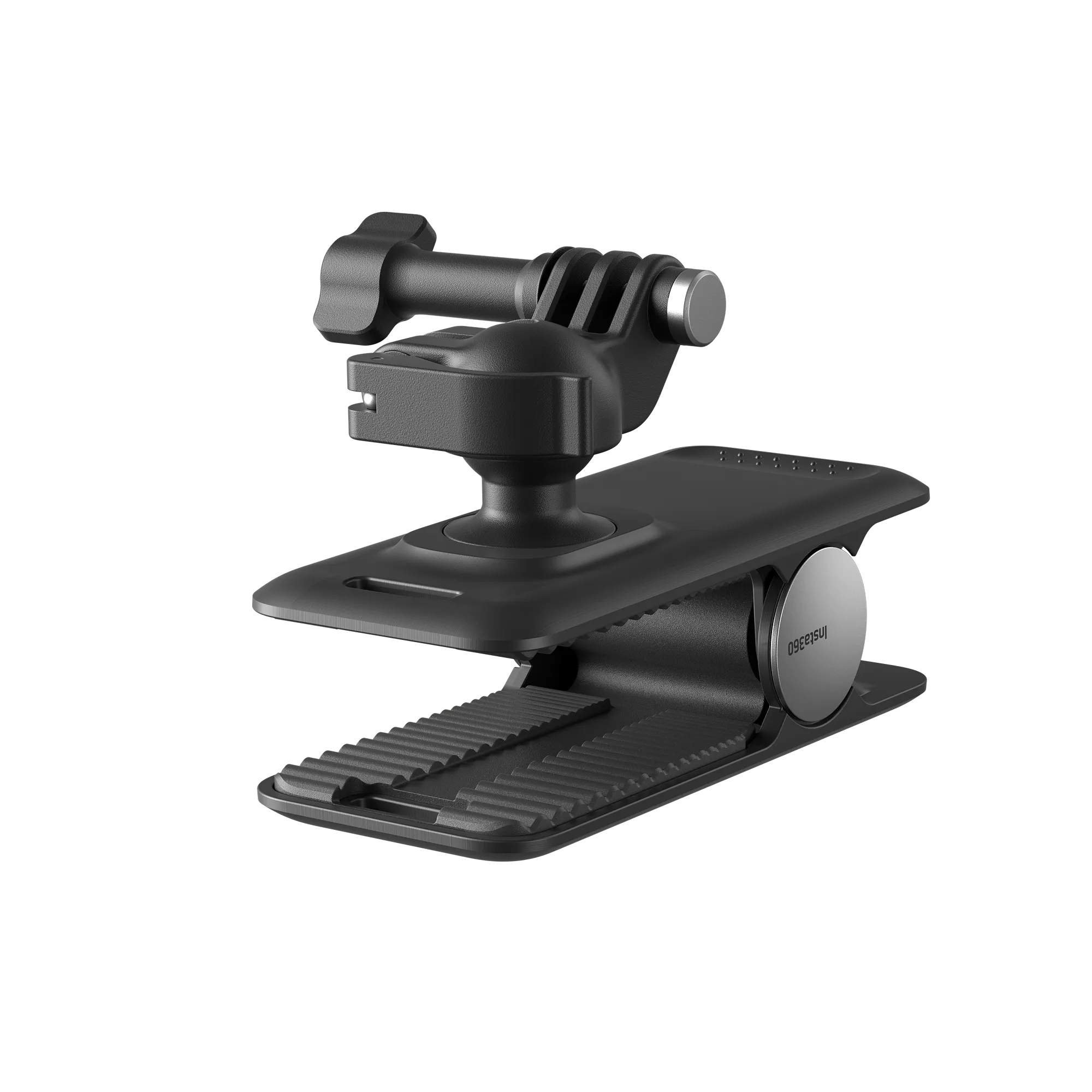 Schwarze Insta360-Kamerahalterung. Sie hat eine Klemme, eine drehbare Basis und eine Halterung für eine Kamera. Der Hintergrund ist weiß.