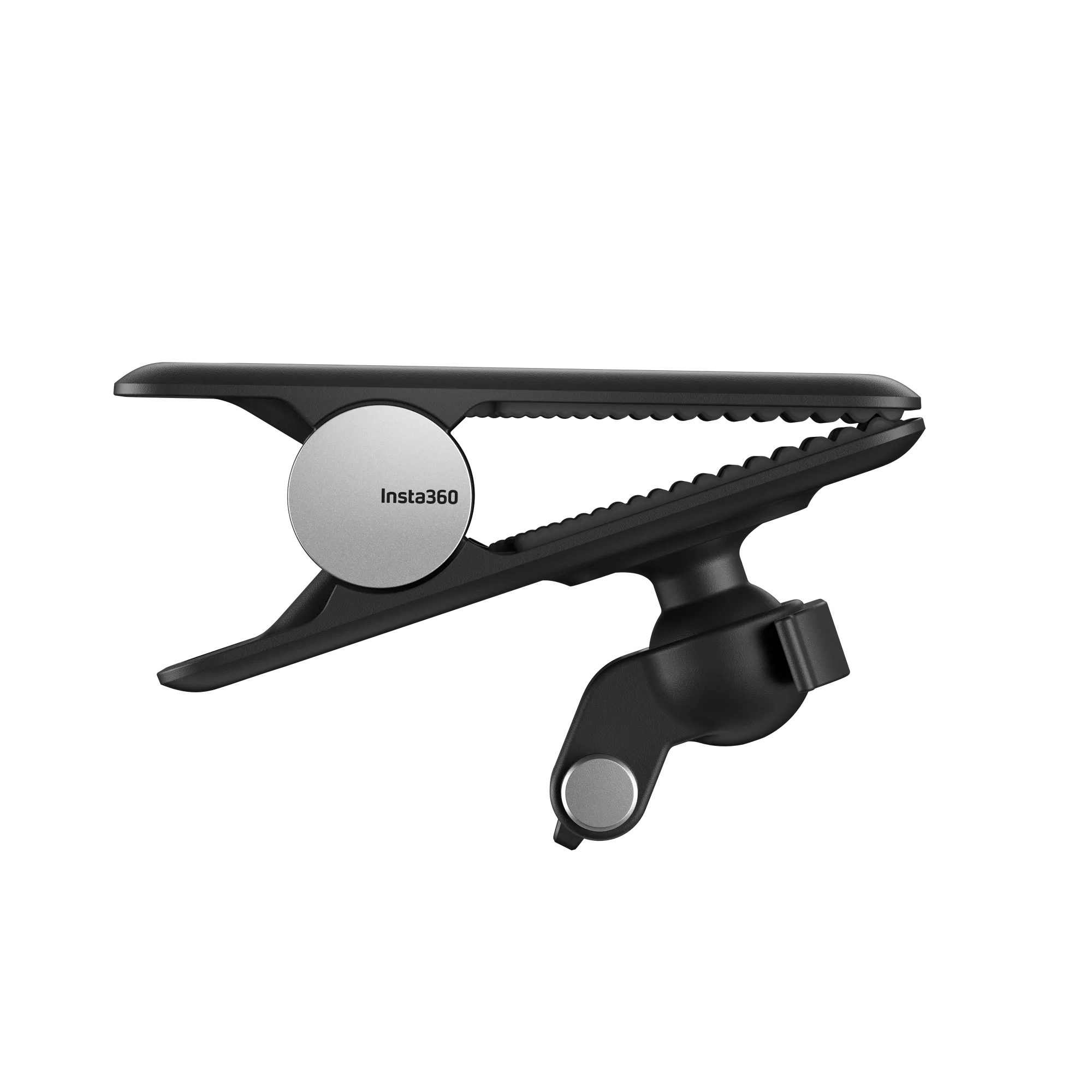 Eine schwarze Insta360-Kamerahalterung mit silbernem Logo, Klemmdesign und Kugelgelenk, vor weißem Hintergrund.
