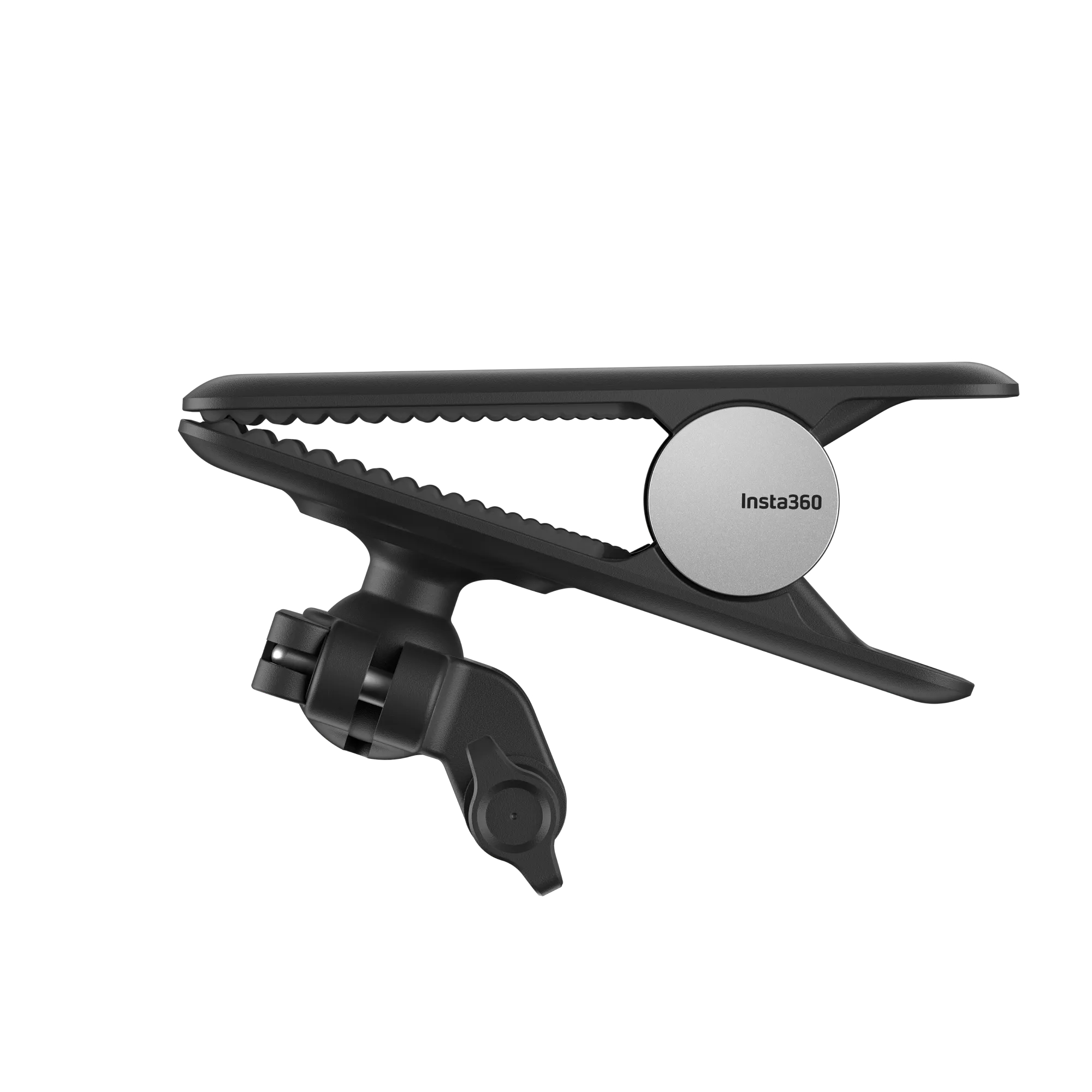 Eine schwarze Insta360-Kameraklemme. Sie hat einen silbernen Kreis mit Insta360-Text. Der Hintergrund ist weiß.