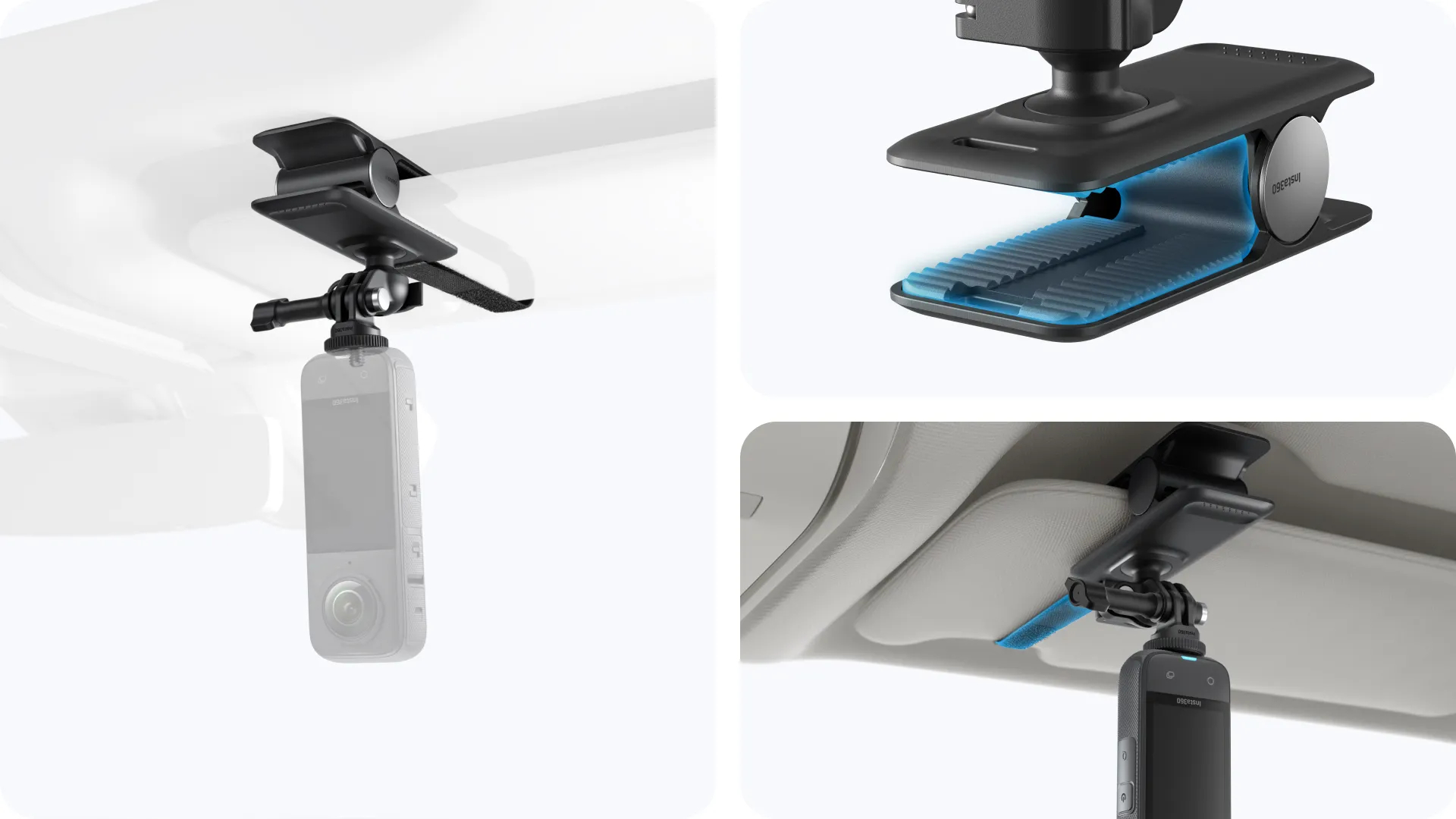 Eine schwarze Insta360-Kamera wird in einem Auto mit einer Clip-On-Halterung montiert. Die Halterung ist an der Decke befestigt.