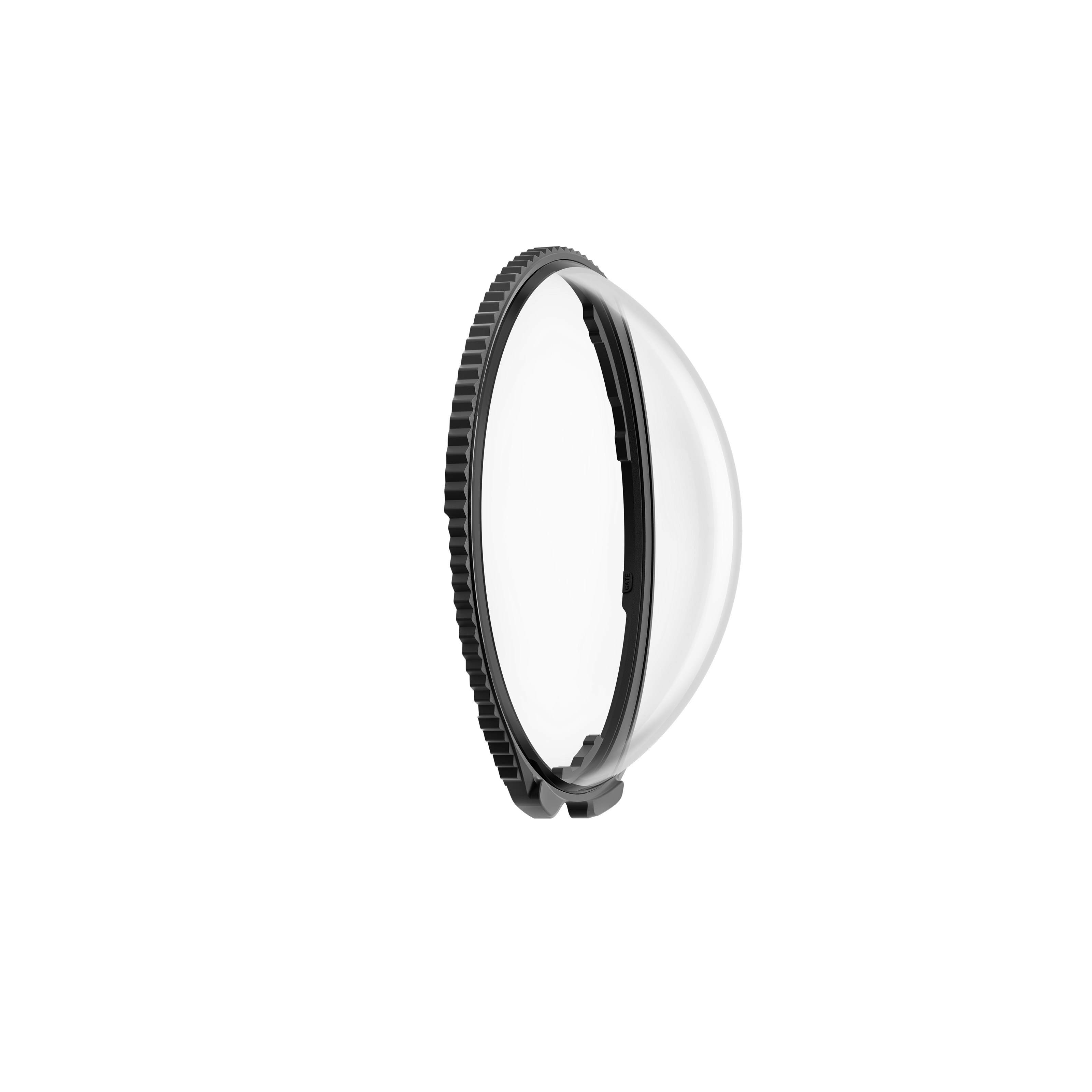 Ein klarer, gewölbter Kameraschutz mit einem schwarzen, gezahnten Ring am Rand auf weißem Hintergrund.